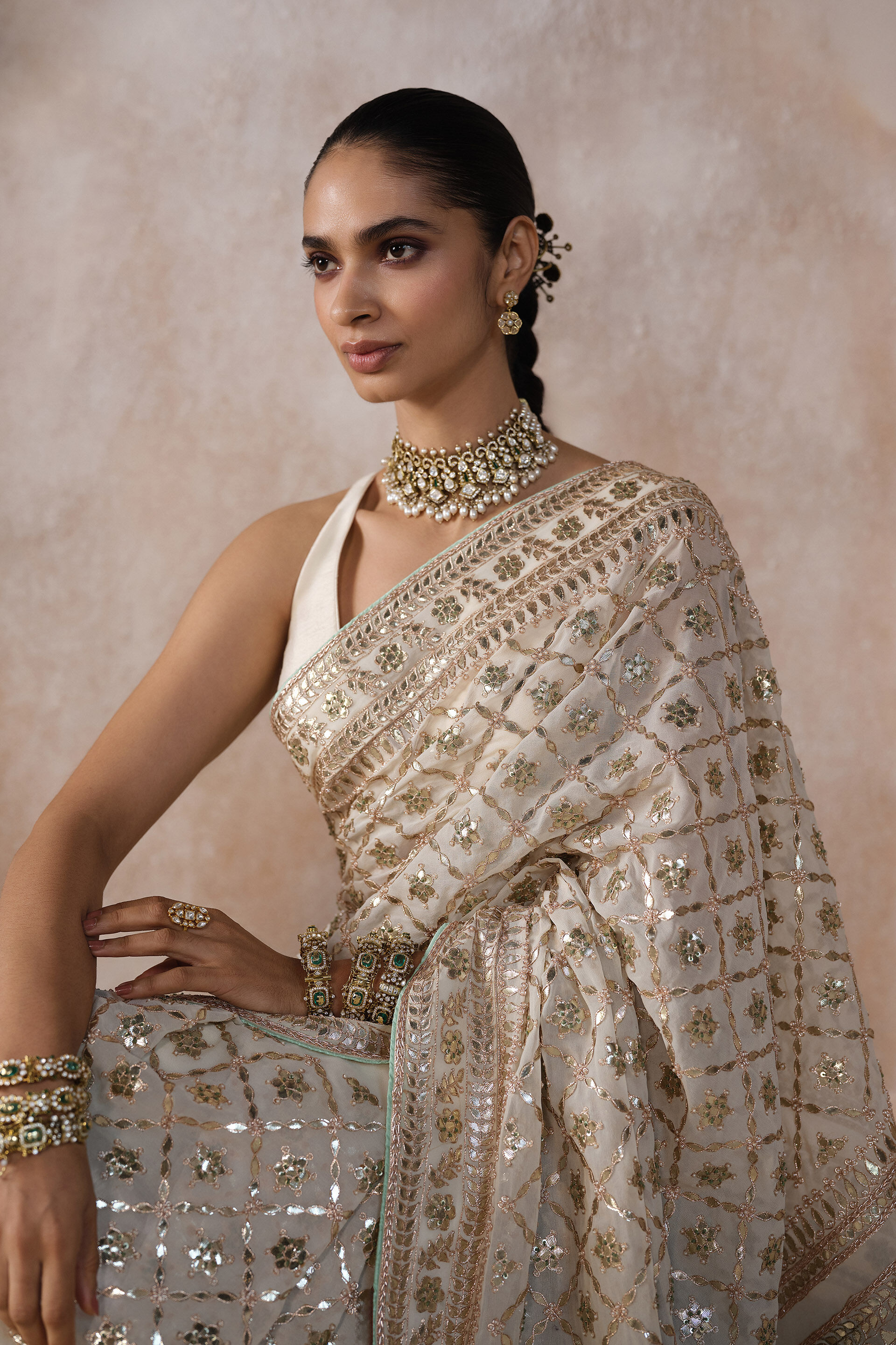 Tajanae Gota Patti Saree, Cream, image 4