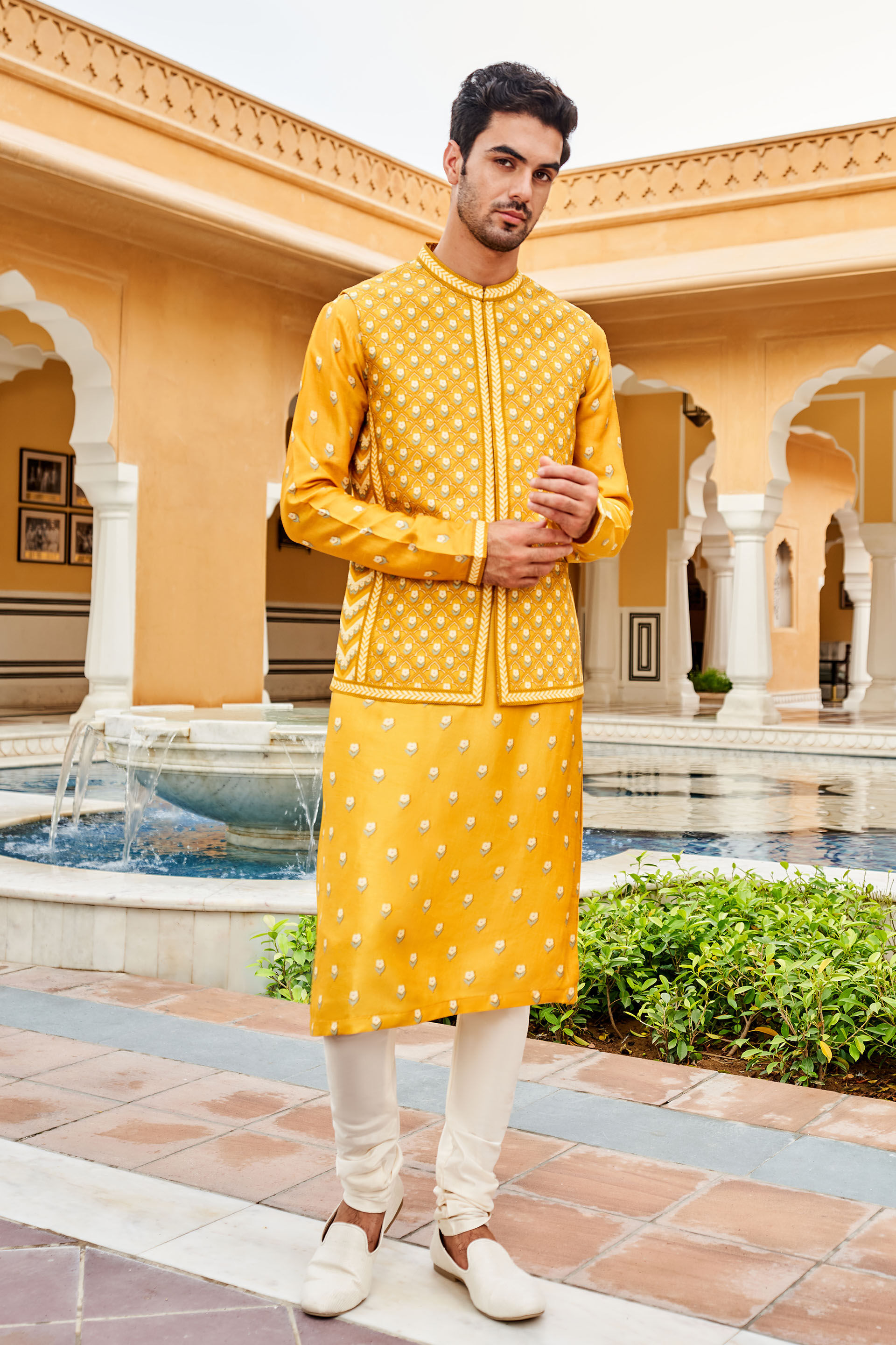 Yellow nehru jacket hot sale