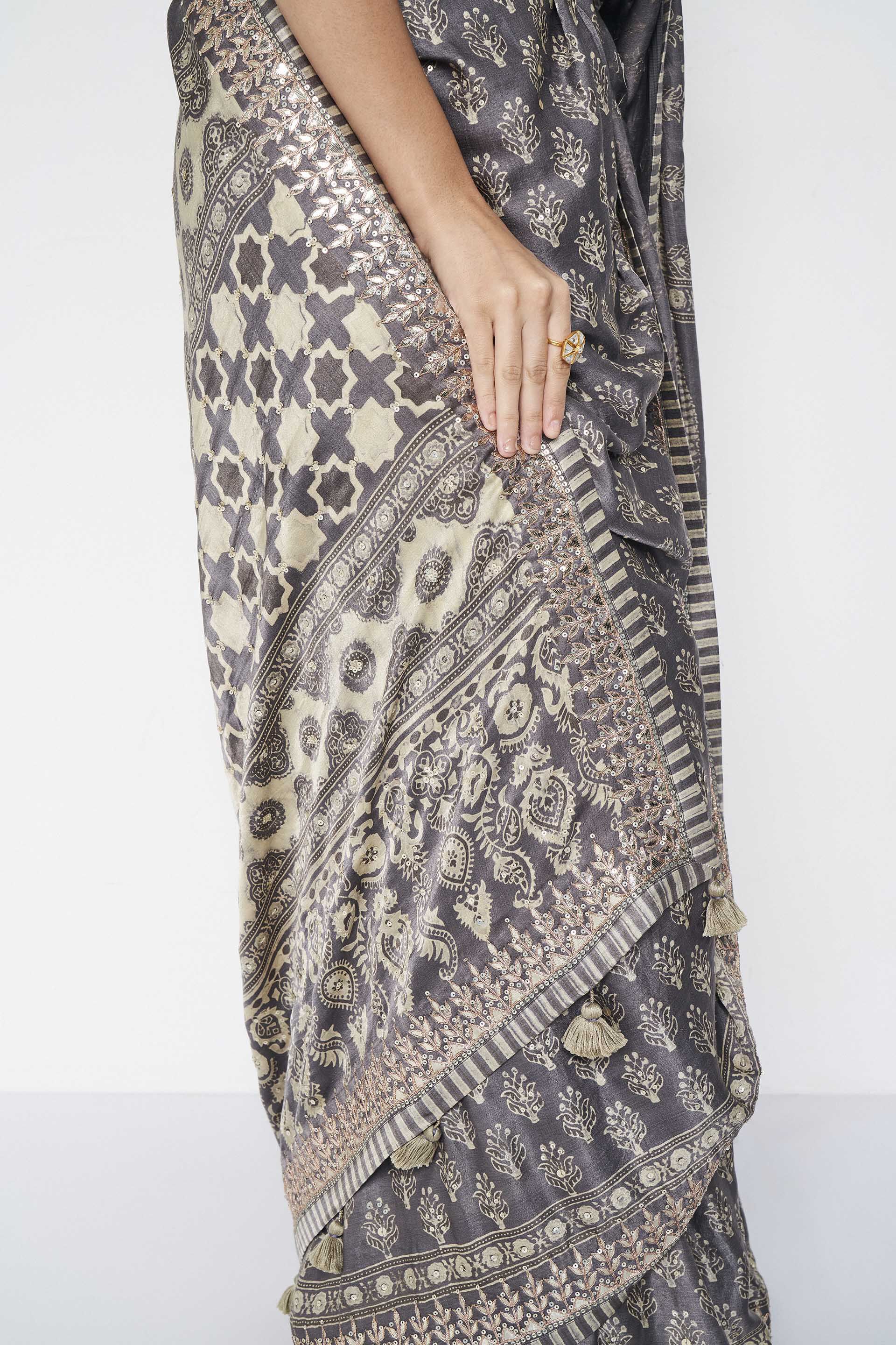 Ranjeeta Ajrakh Hand-block Printed Silk Saree - Grey, Grey, image 8