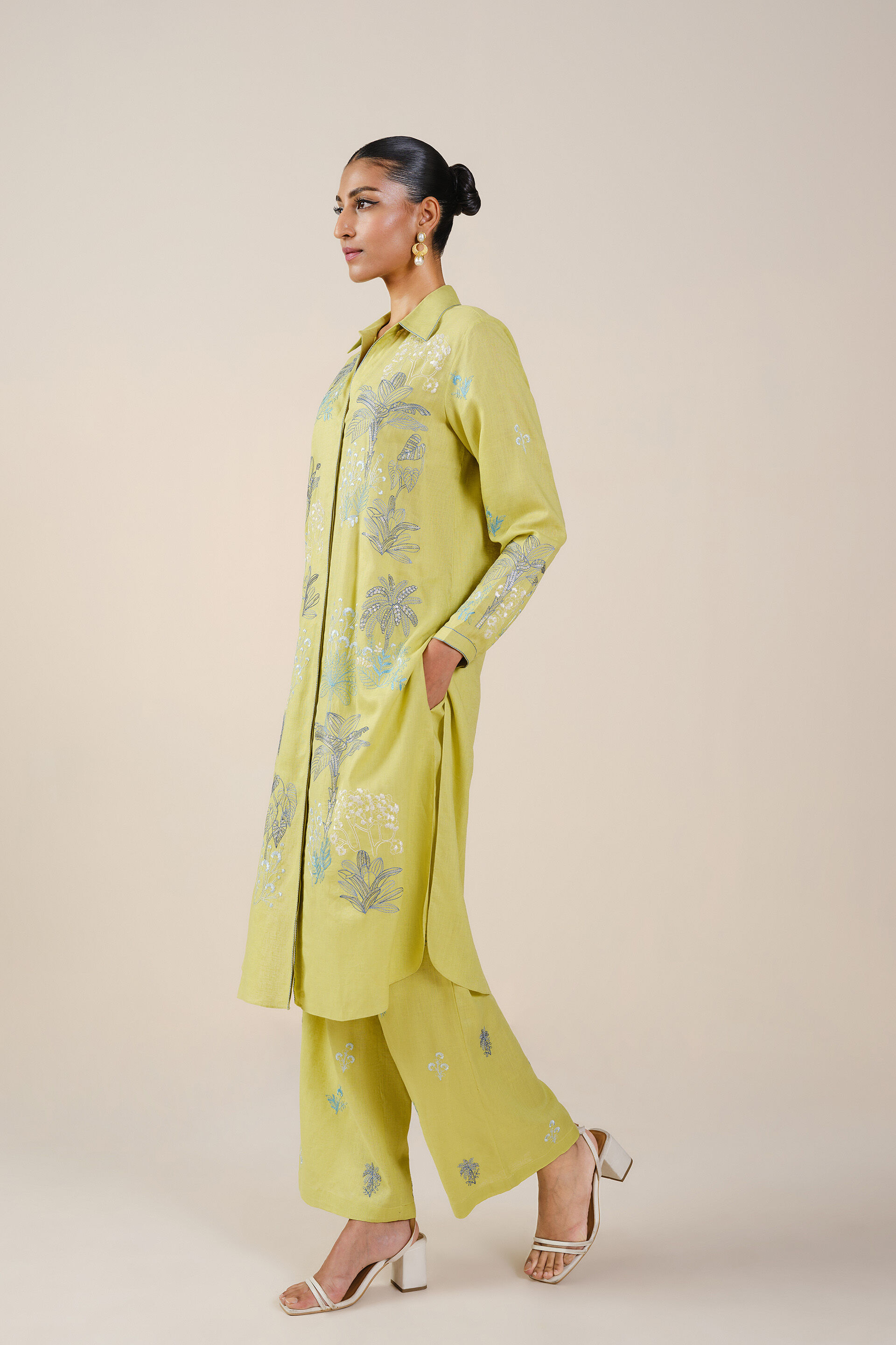 Pelagia Embroidered Linen Kurta Set - Lime, Lime, image 2