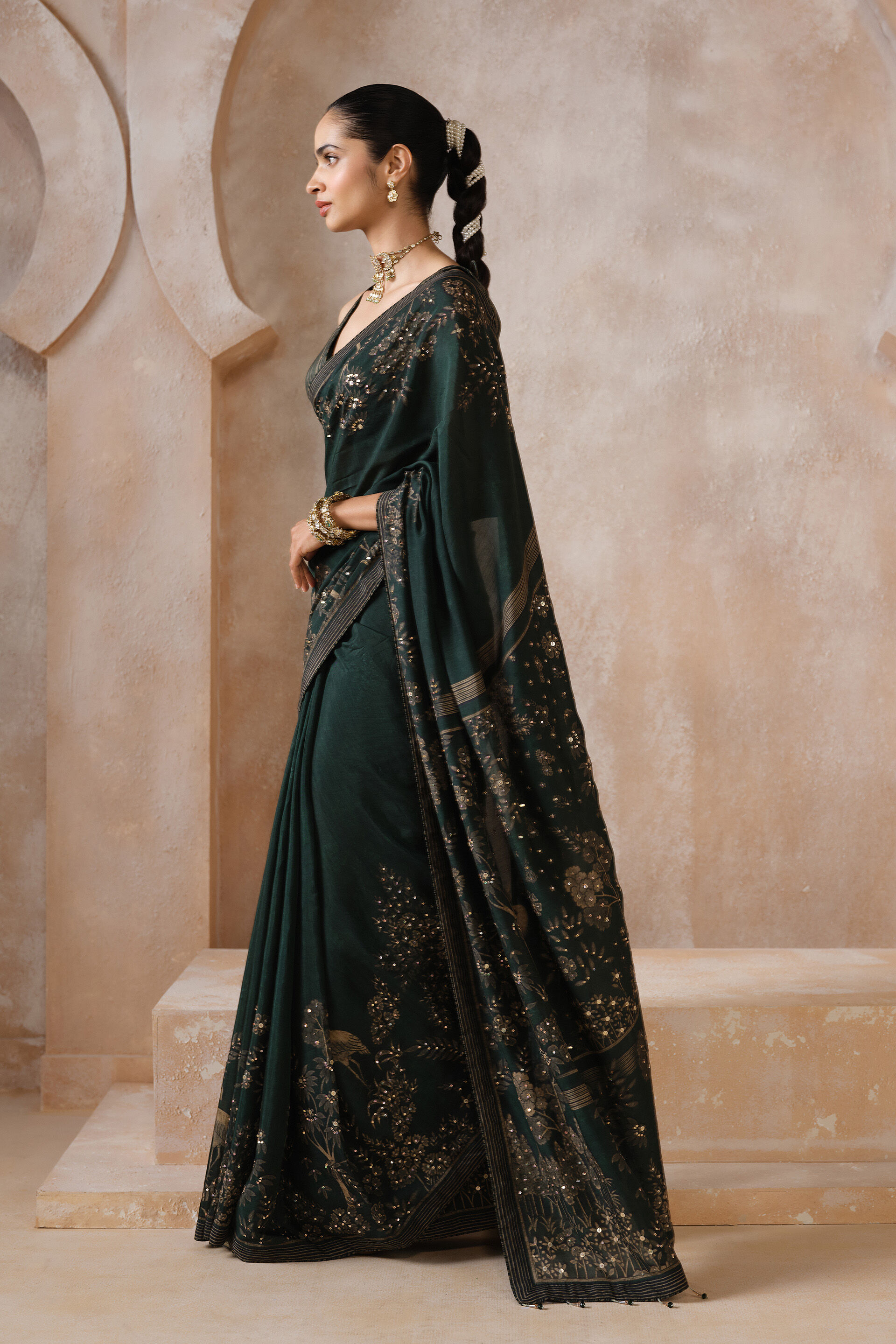 Anaiza Sequin Chiffon Saree, Green, image 3