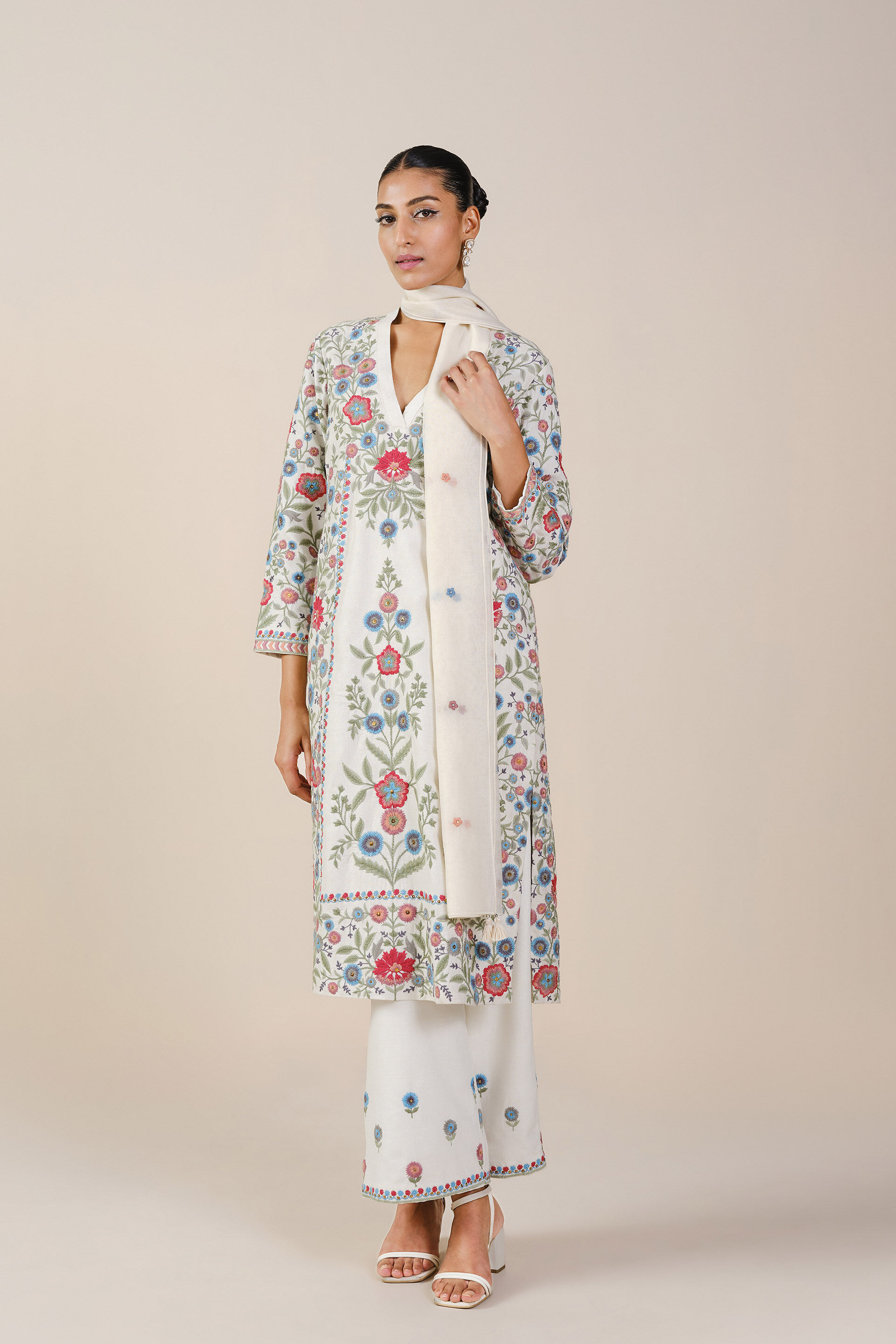 Galaxy of Flowers Embroidered Silk Suit Set - White