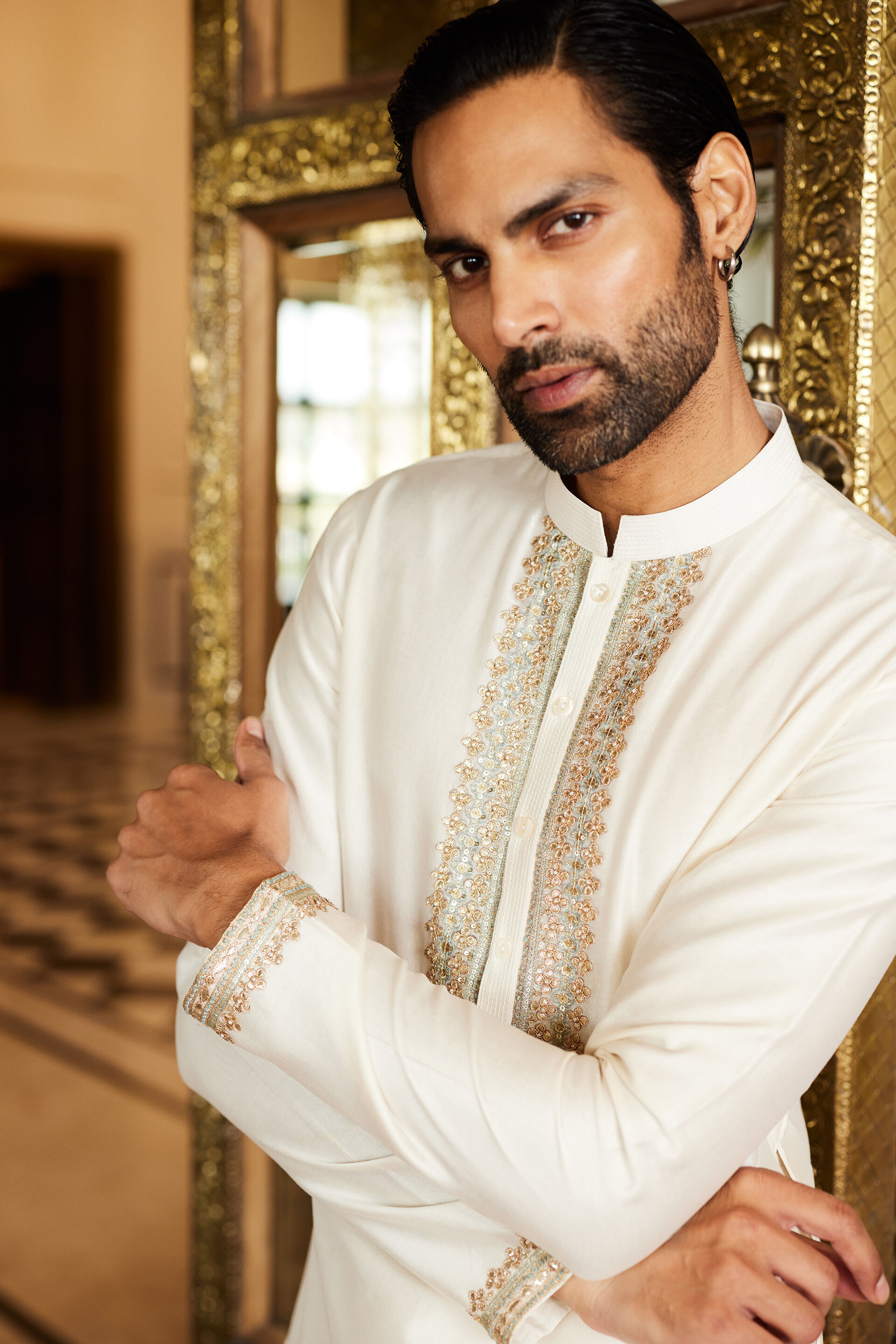 Saaket Gota Patti Silk Kurta - Ivory, Ivory, image 4