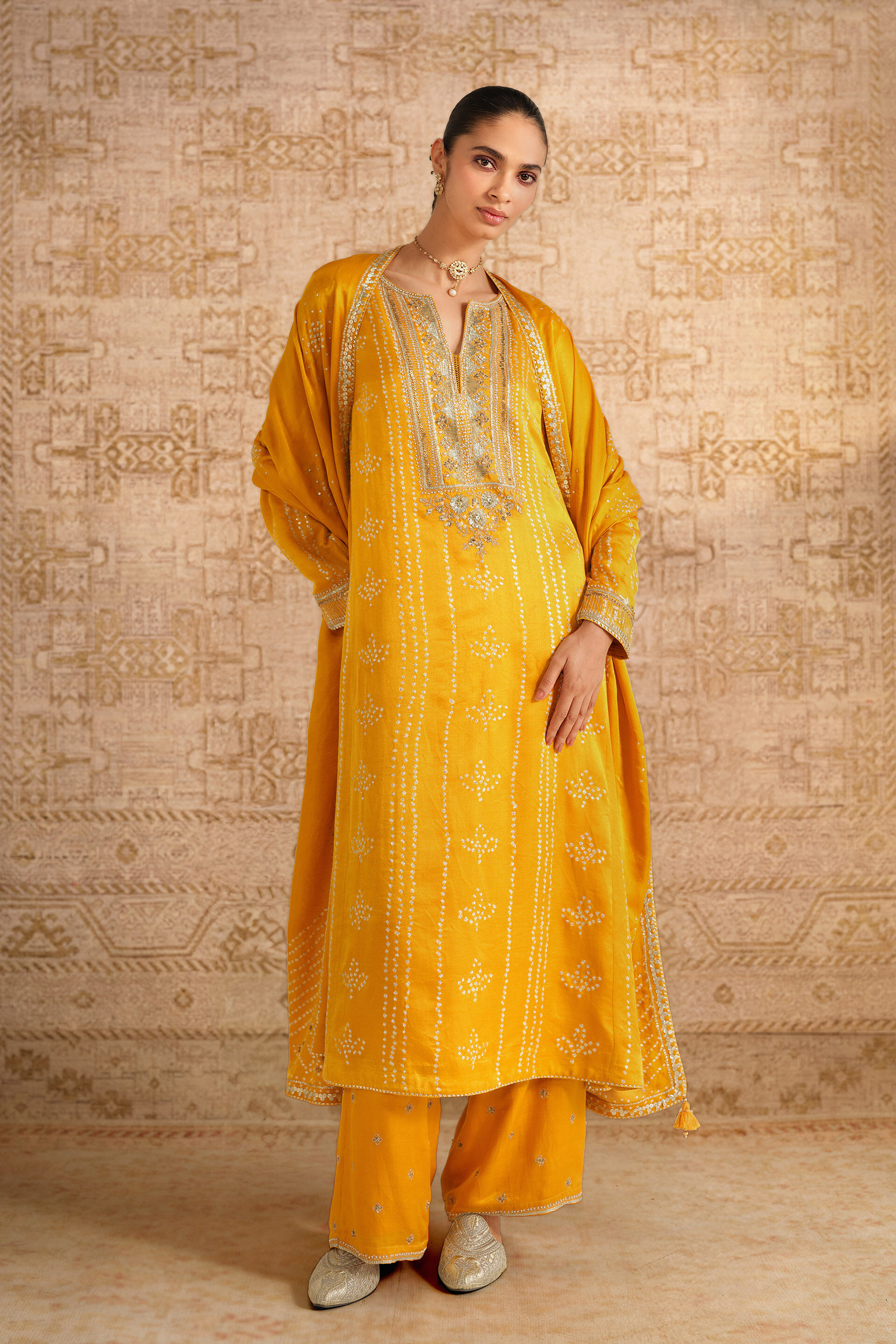 Arka Handcrafted Bandhani Silk Suit Set - Yellow