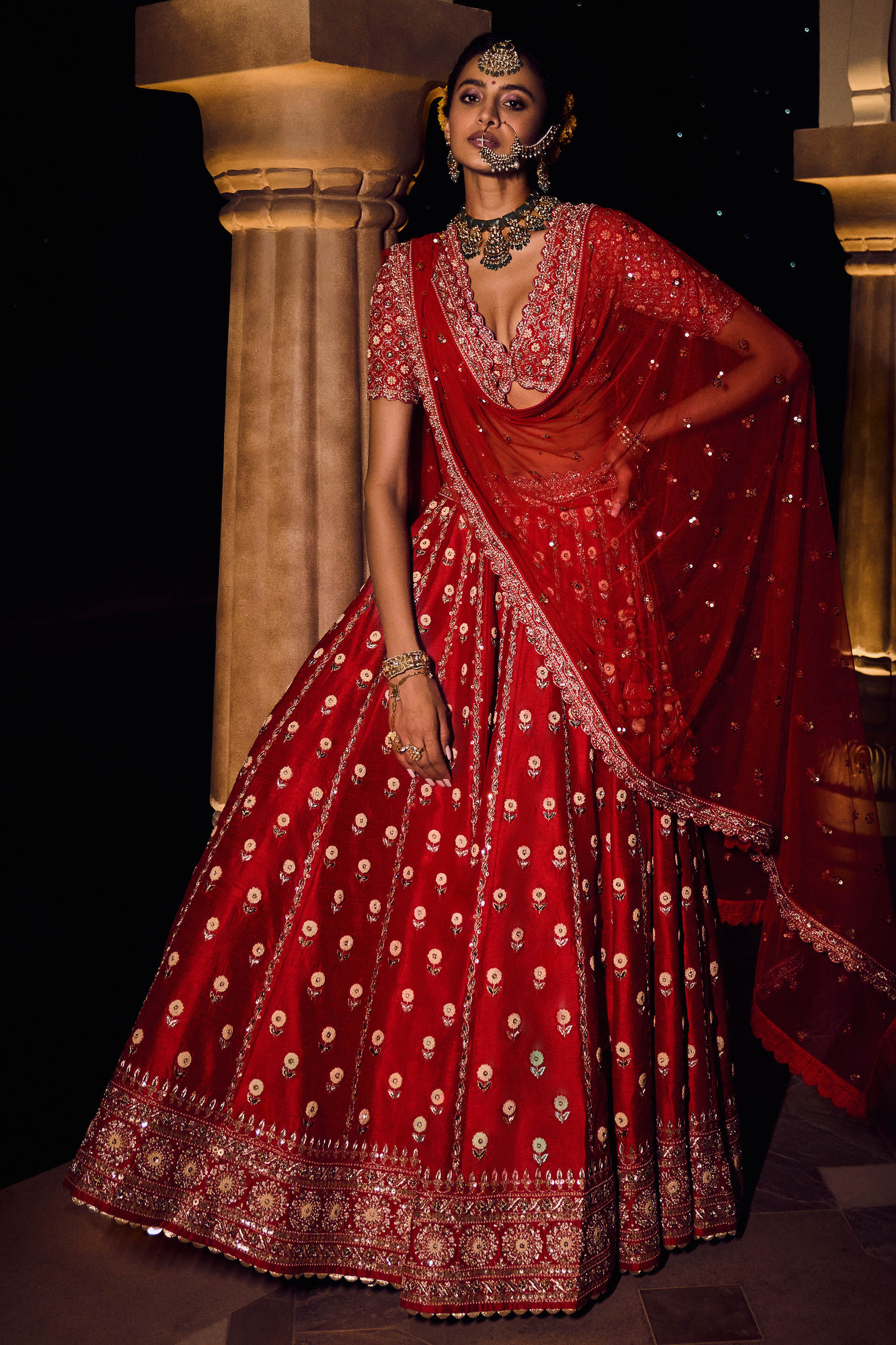 Buy Apple Red Sequins Embroidered Raw Silk Bridal Lehenga Online | Samyakk