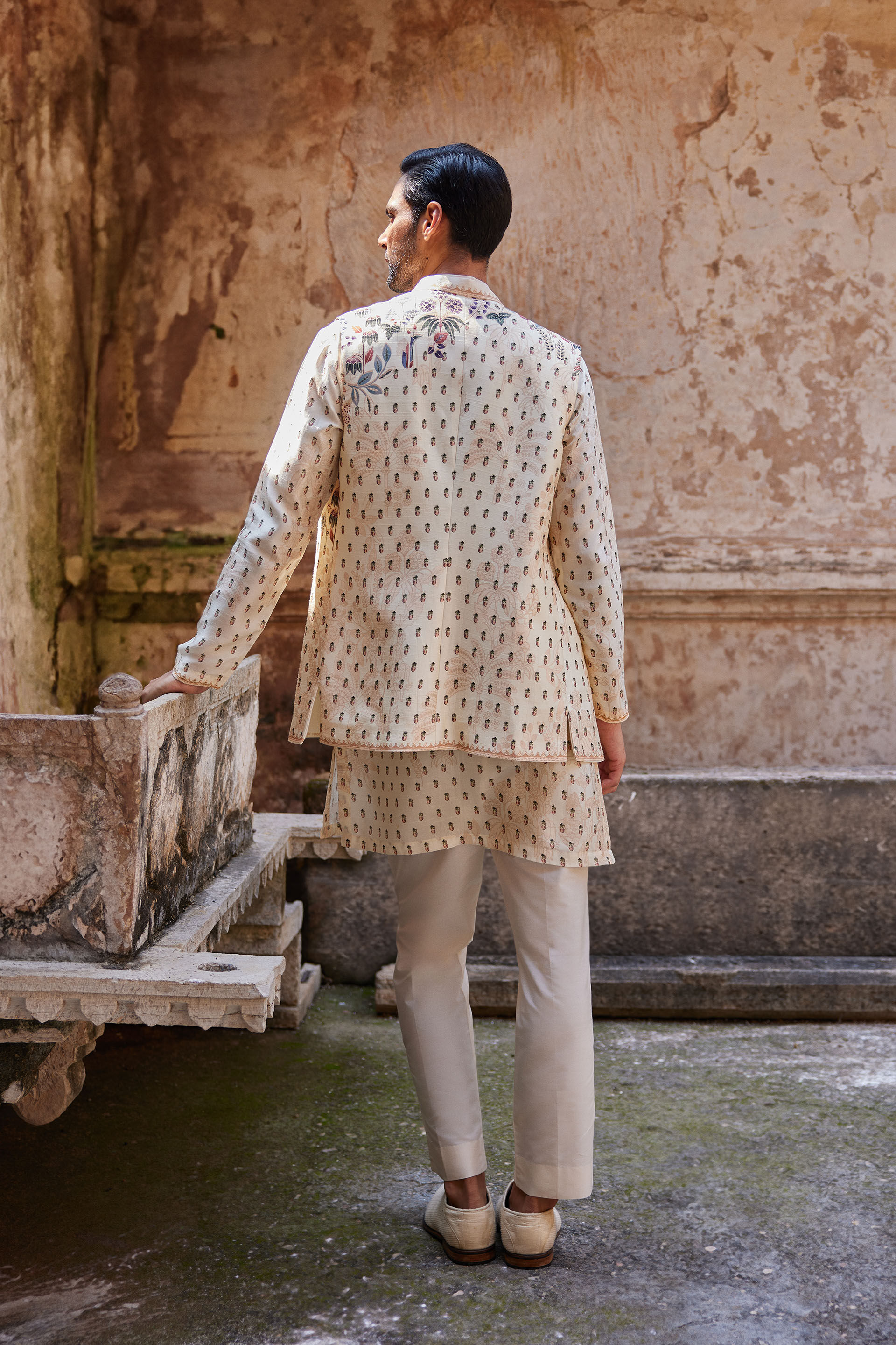 Kalhar Printed Silk Nehru Jacket - Ivory, Ivory, image 2