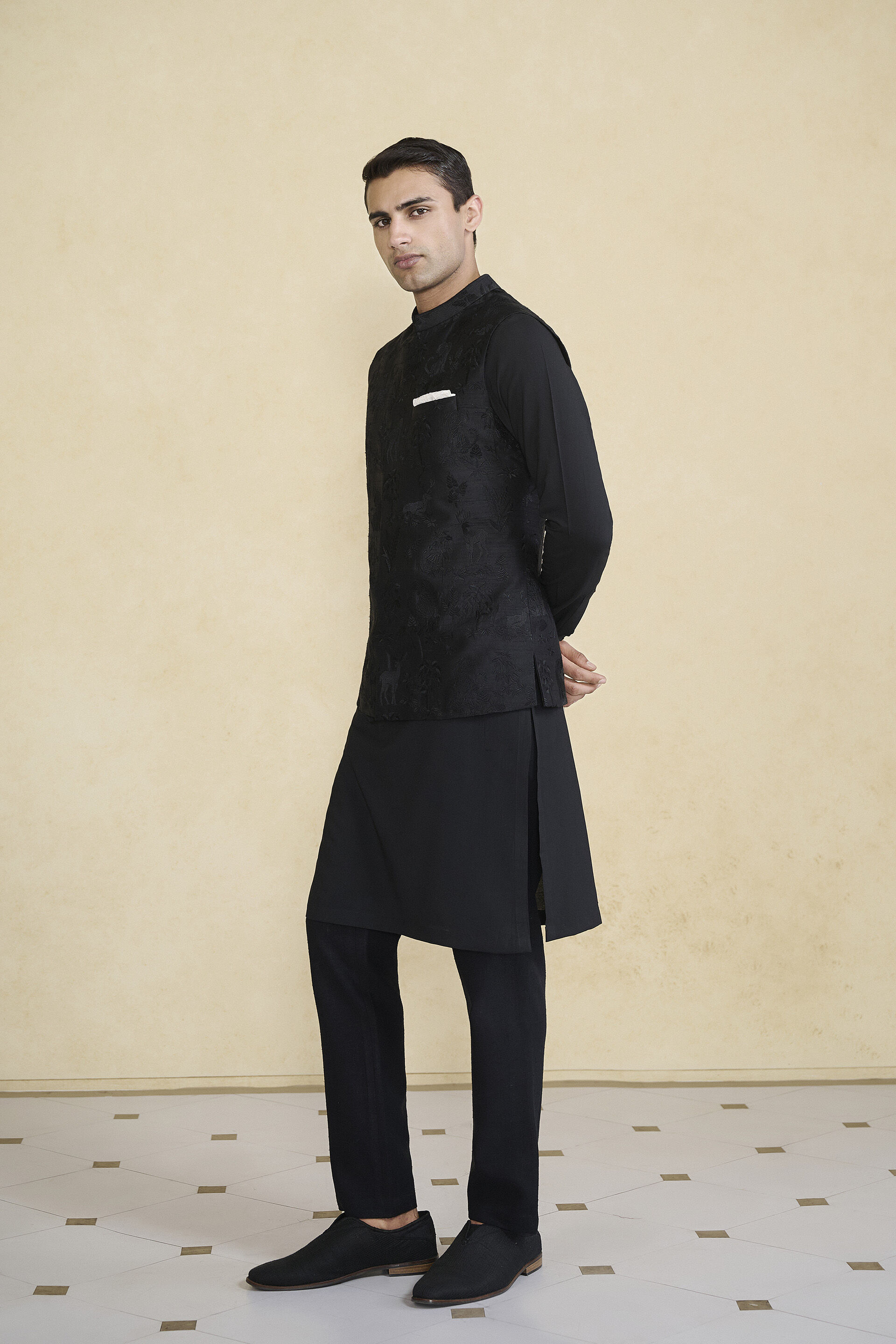Atik Embroidered Silk Nehru Jacket - Black, Black, image 2