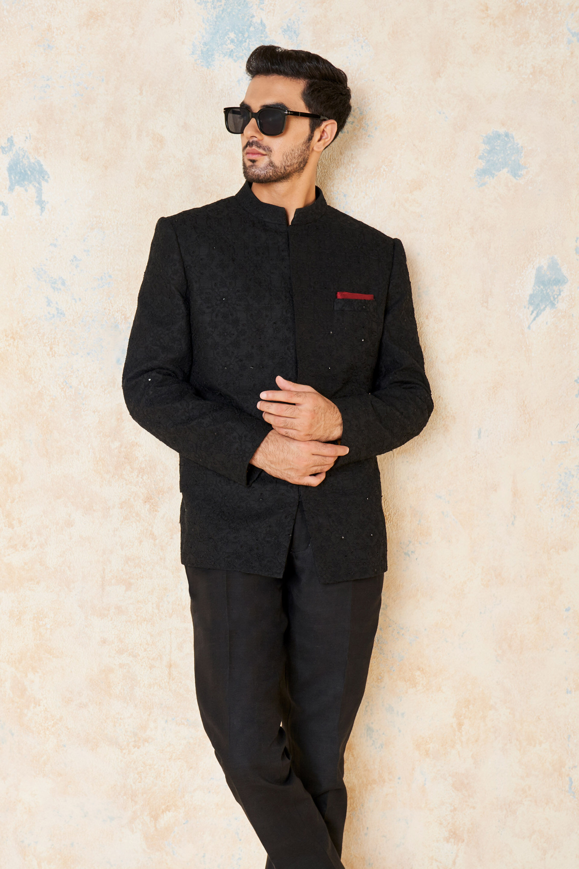 Aadav Embroidered Cord Silk Bandhgala - Black, Black, image 7