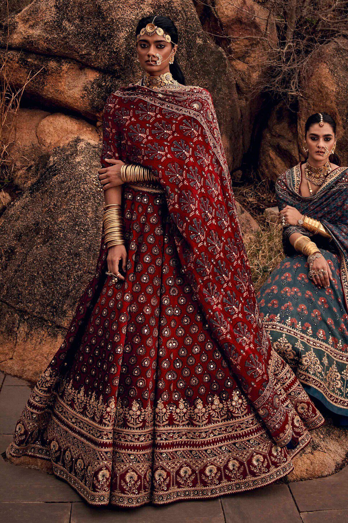 Laukya Ajarakh Lehenga Set Red