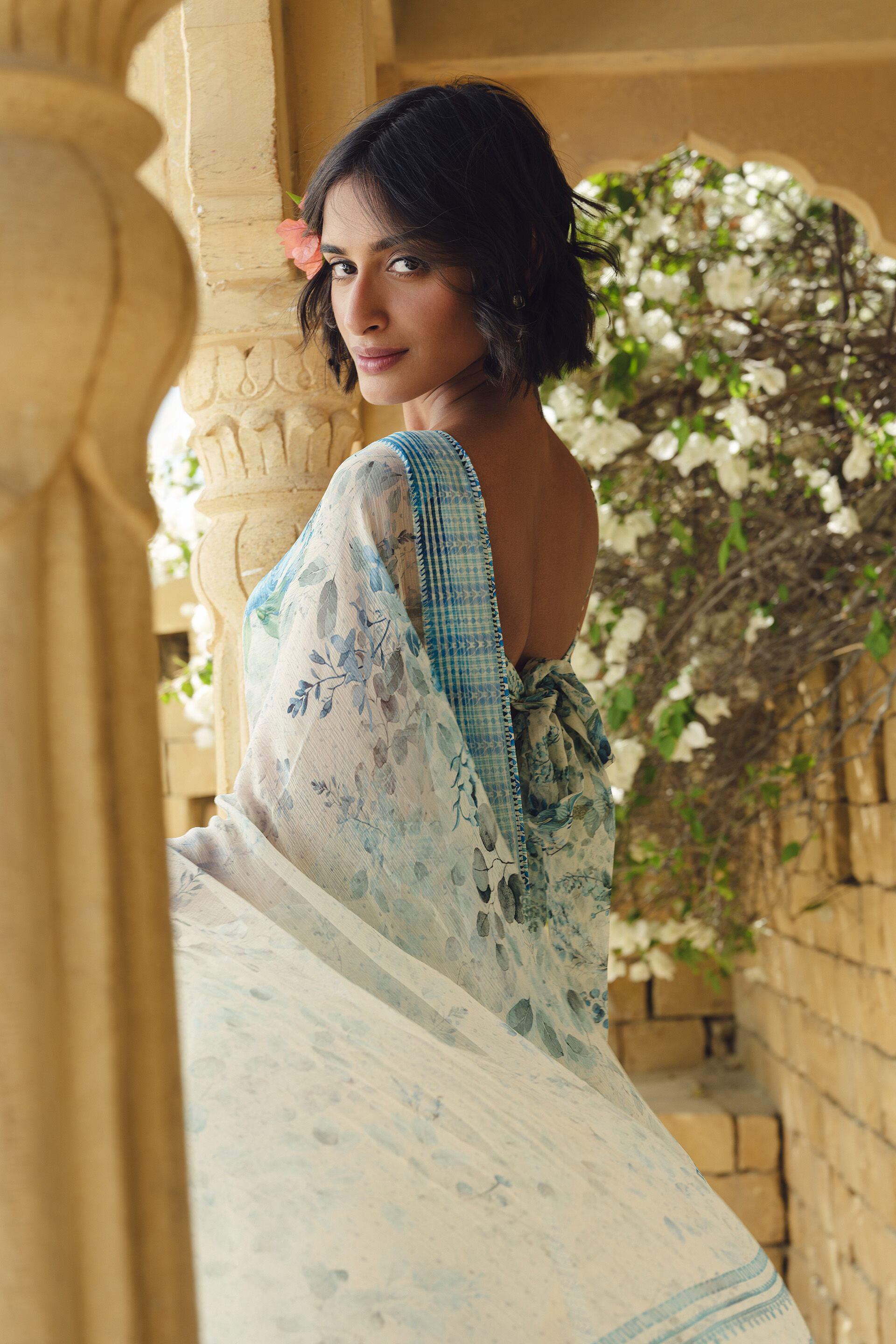 Idalia Printed Chiffon Saree - Blue, Blue, image 4