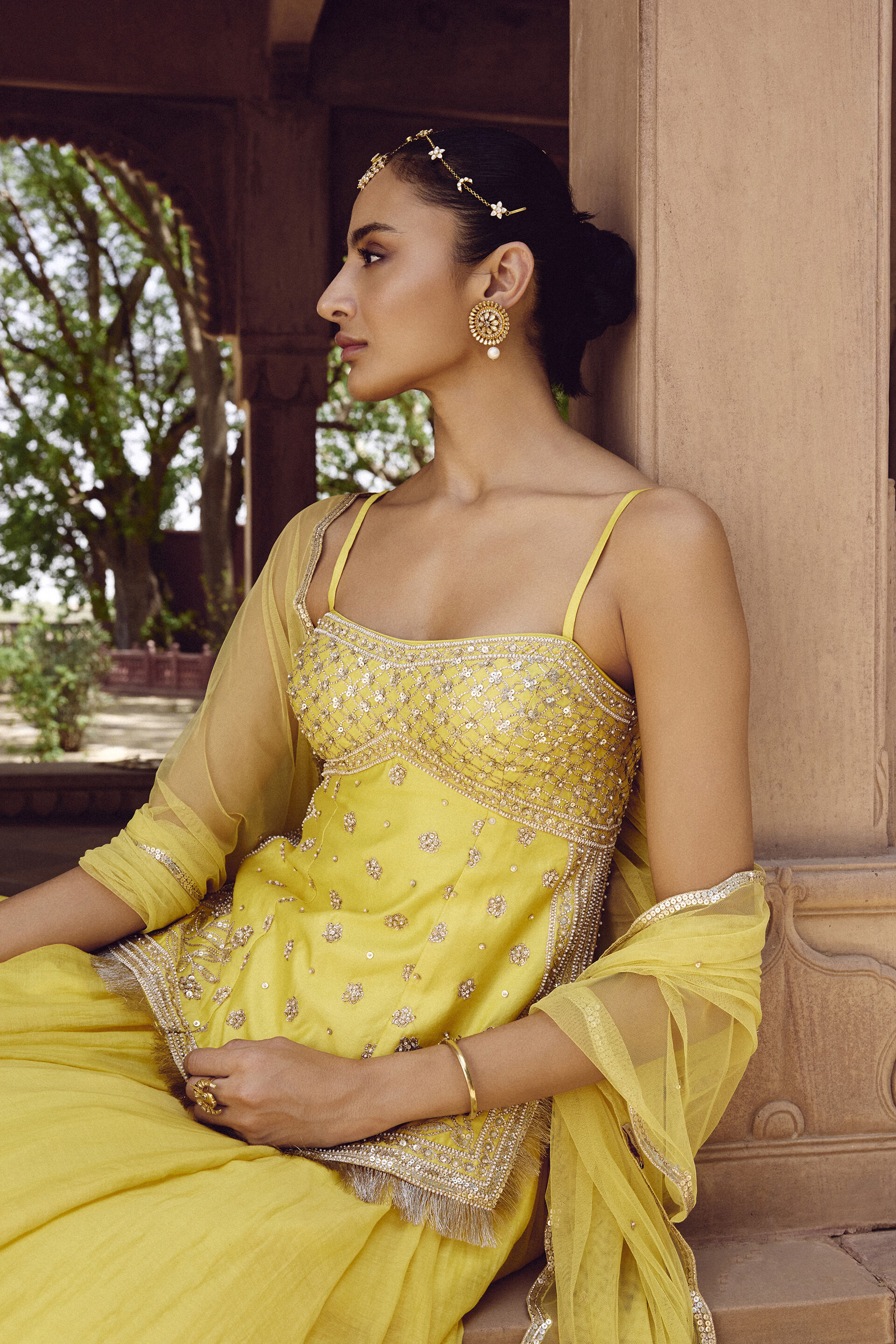 Buy Designer Srika Gota Patti Mul Skirt Set Yellow Online from