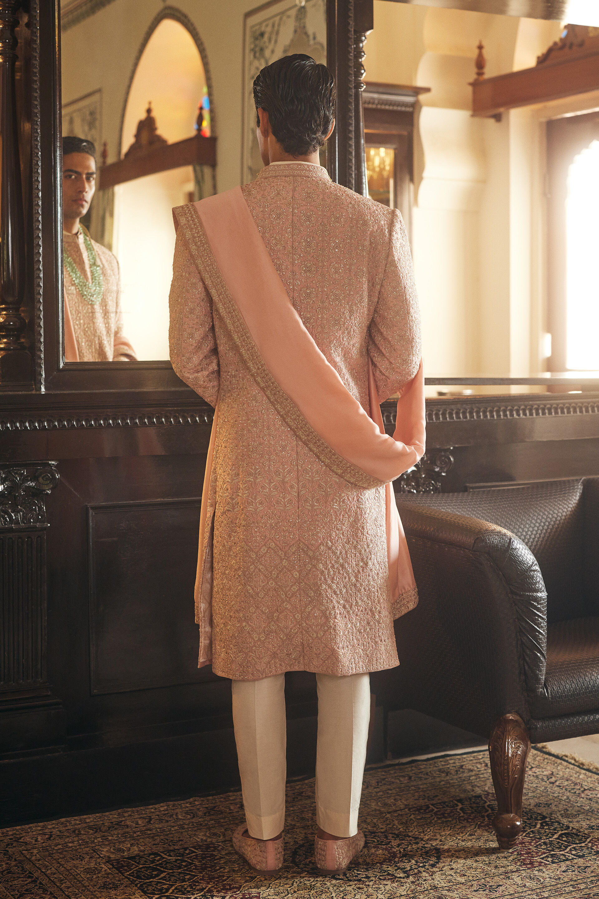Numair Embroidered Silk Sherwani - Blush