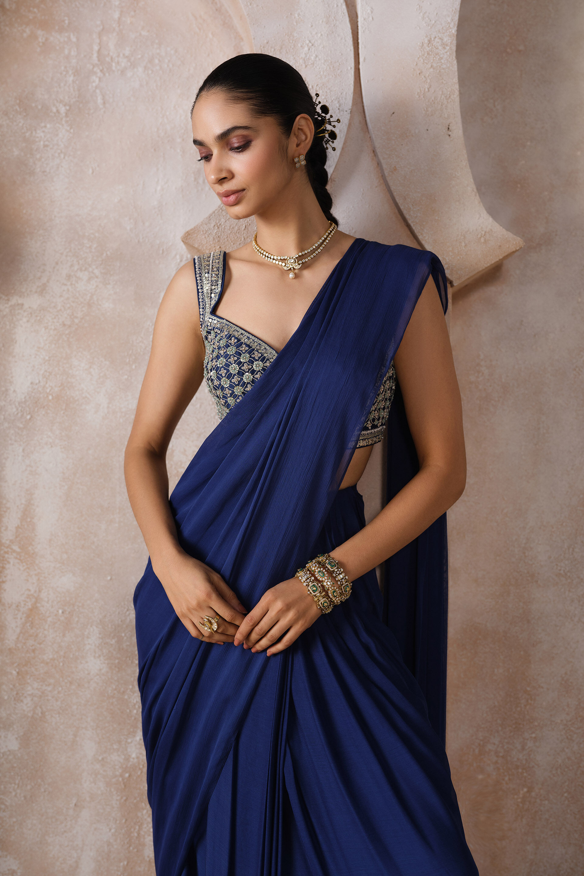 Yuthika Embroidered Cord Pre-draped Saree - Blue, Blue, image 4