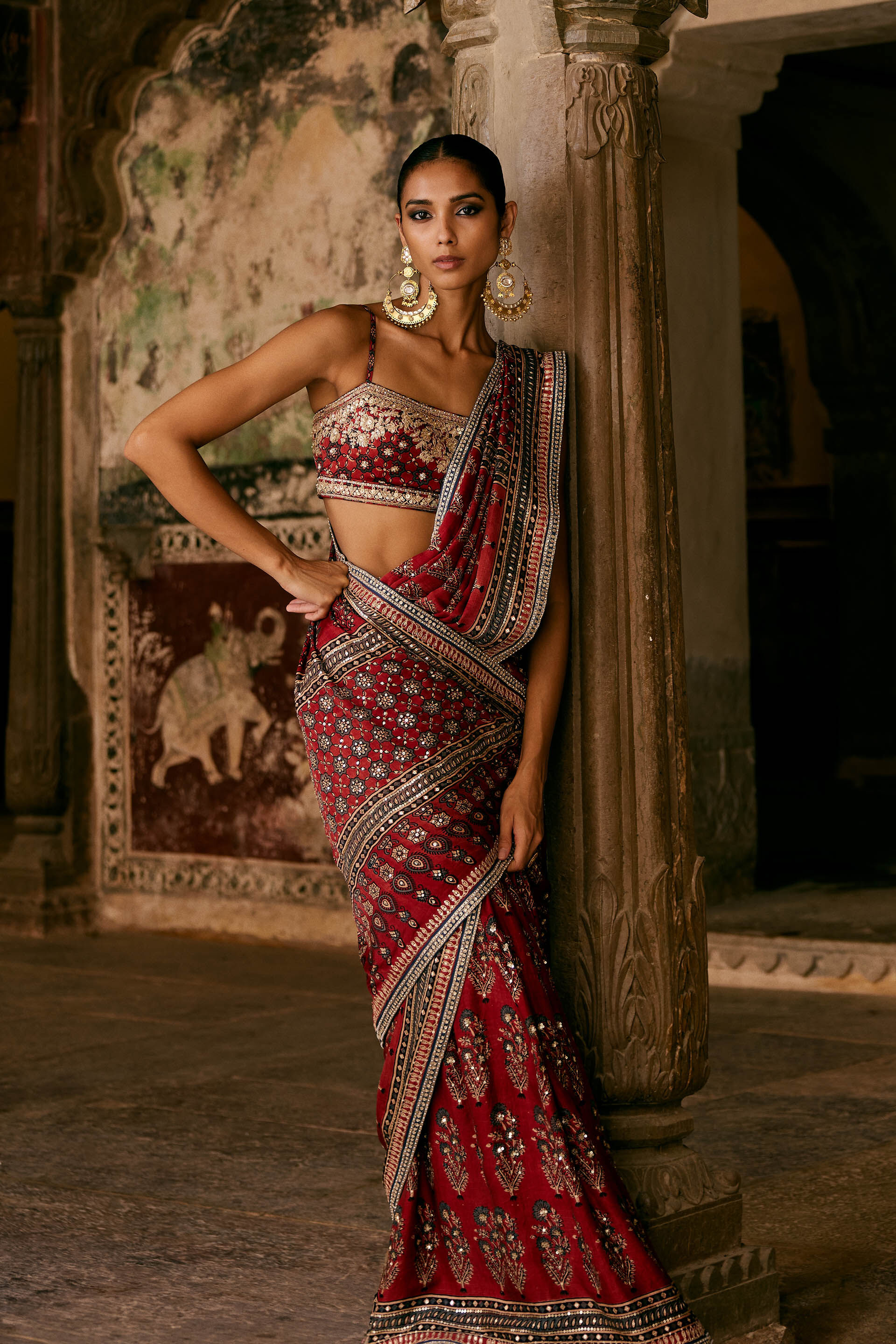 Saaj Ajrakh Hand-block Printed Silk Saree - Red, Red, image 9