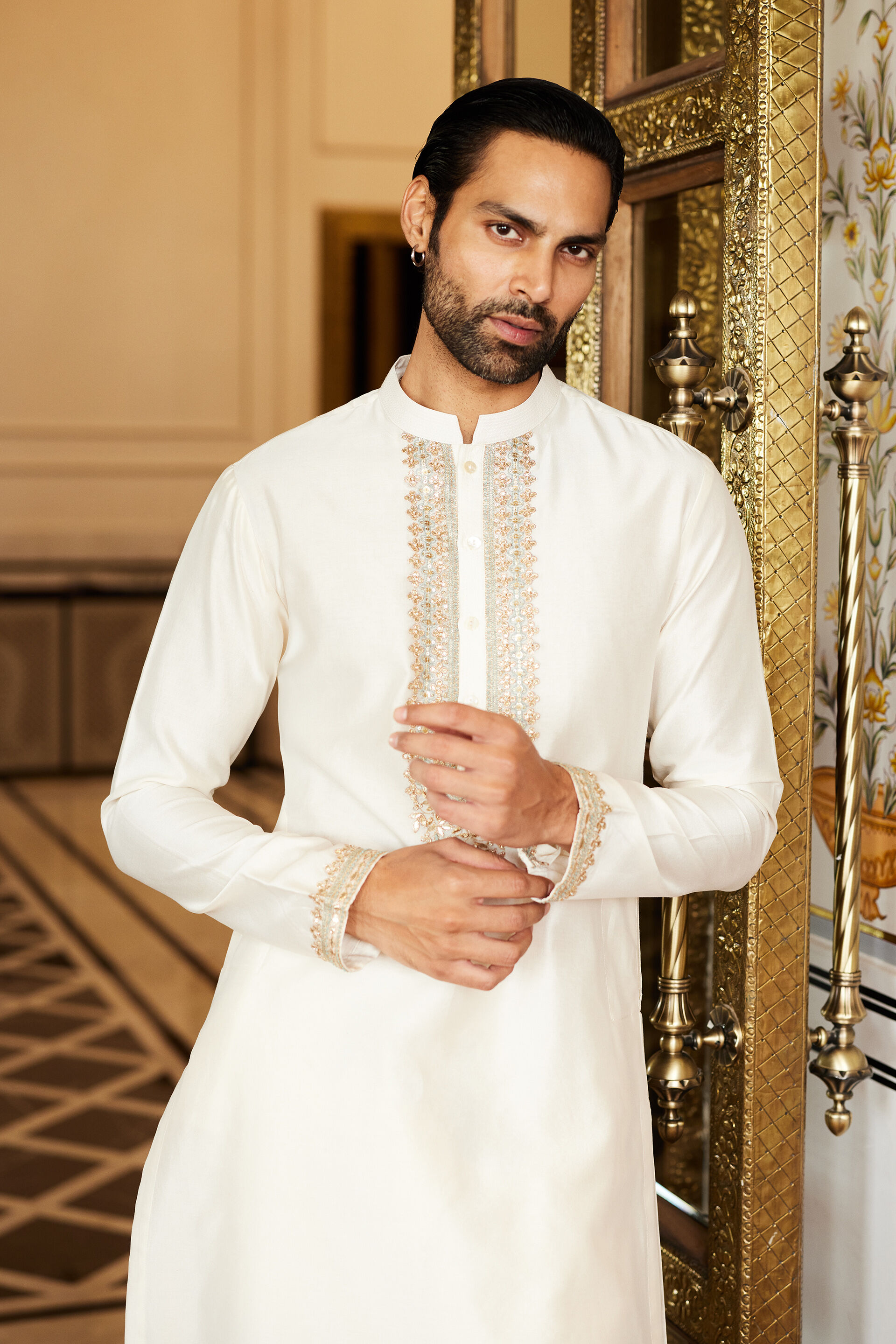 Saaket Gota Patti Silk Kurta - Ivory, Ivory, image 3