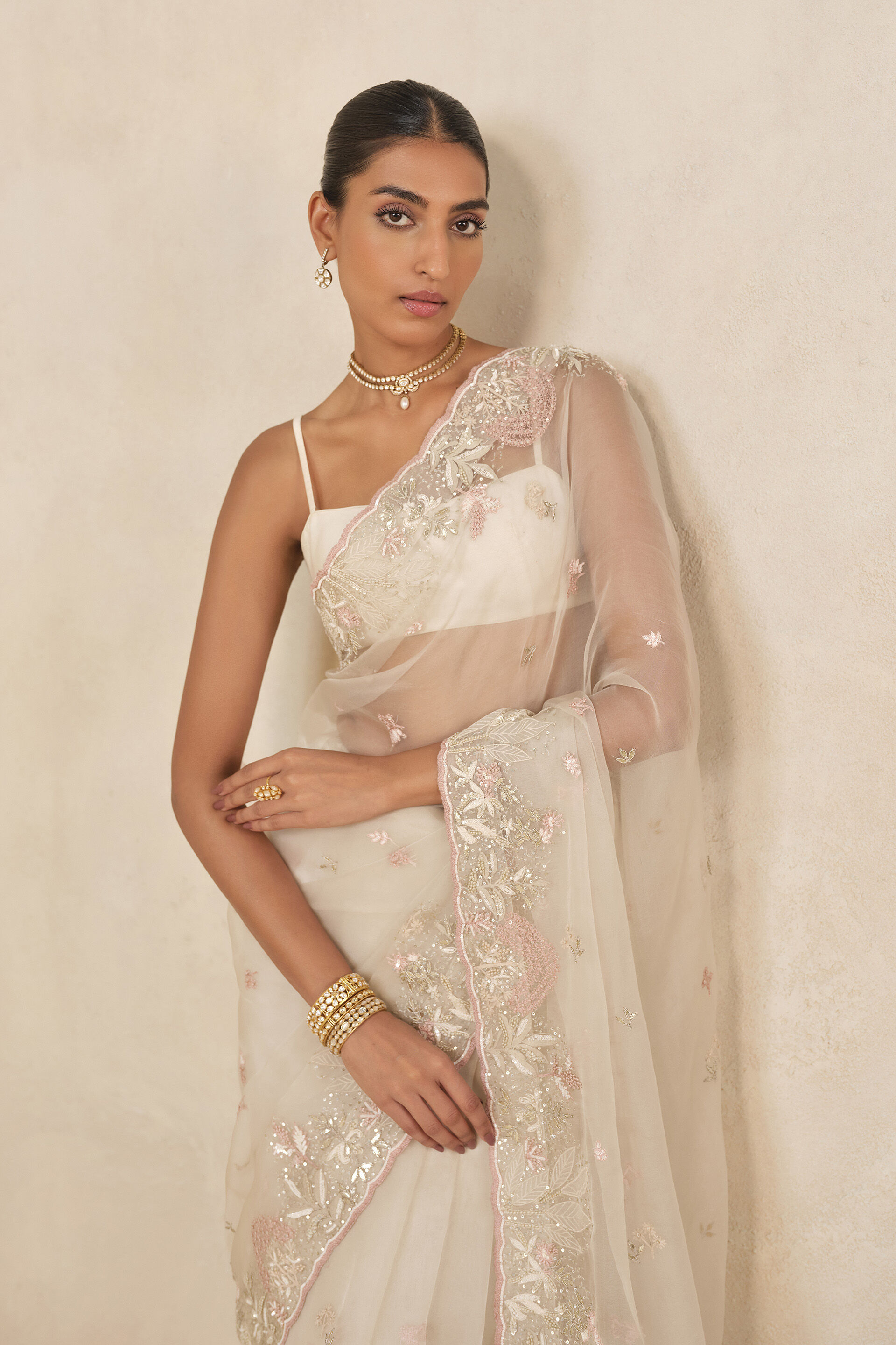 Earthbreeze Embroidered Silk Saree - Ivory, Ivory, image 4