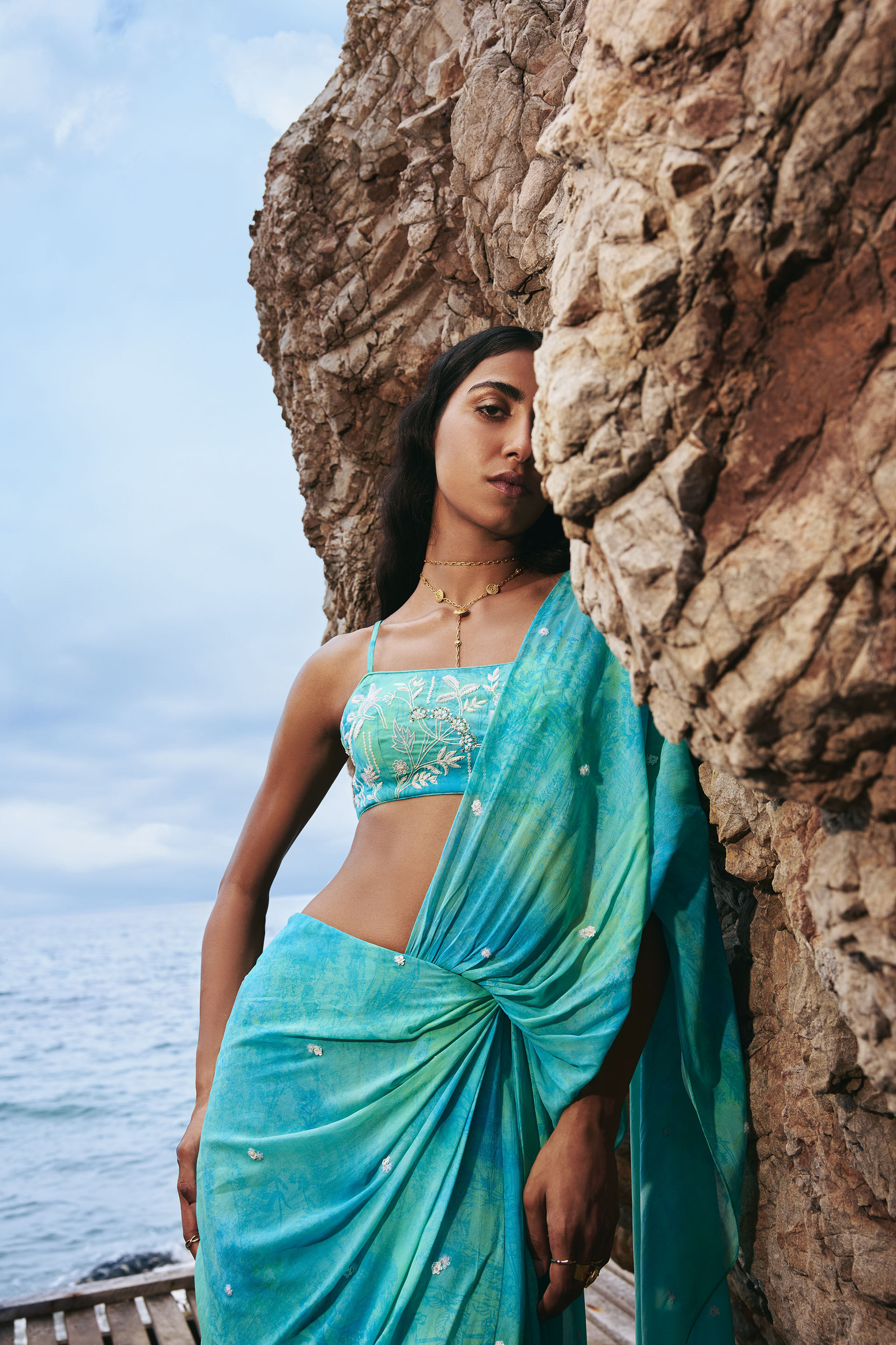 Praya Georgette Pre-draped Saree Set - Aqua, Aqua, image 6