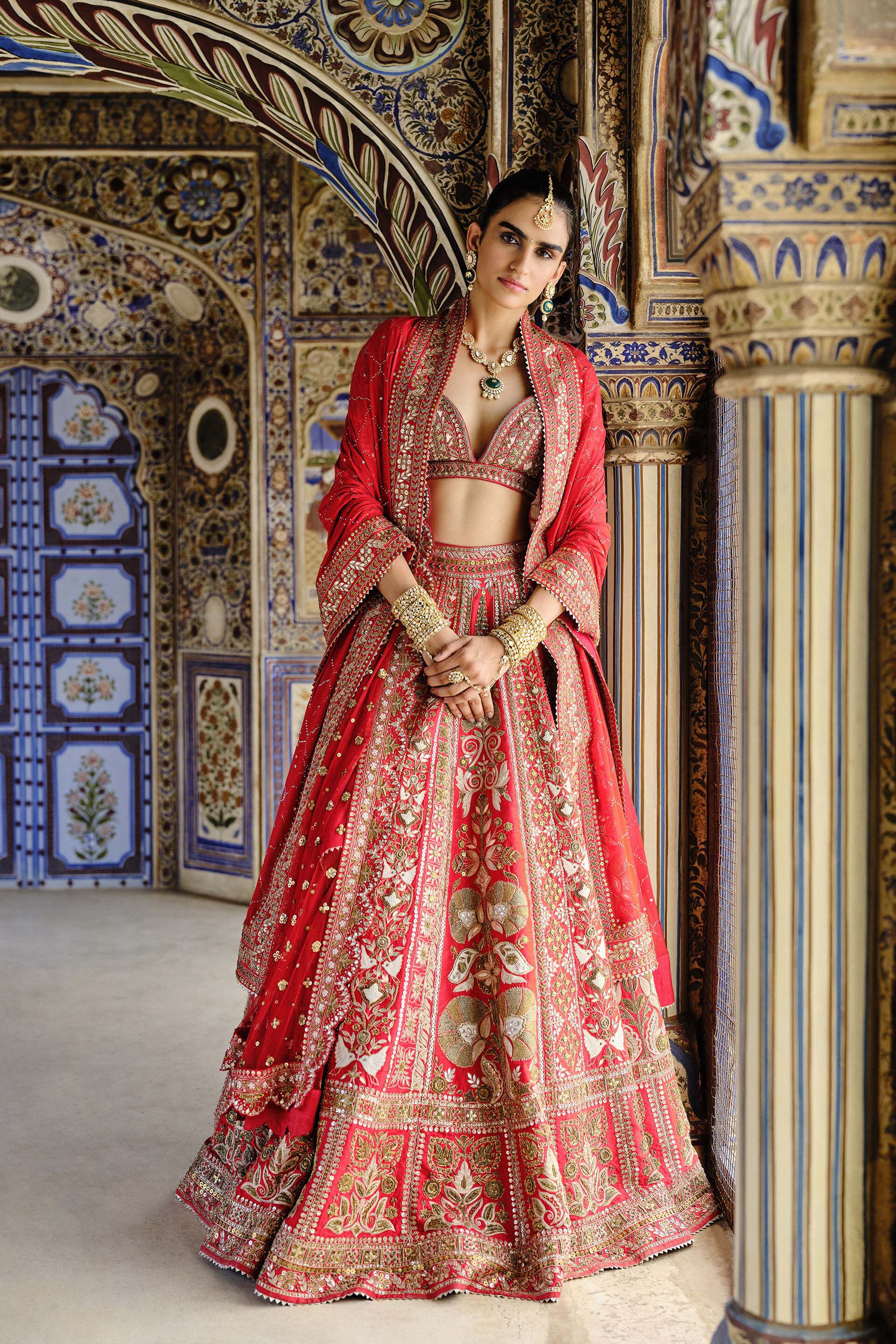 Mehreen Embroidered Zardozi Silk Lehenga Set Red