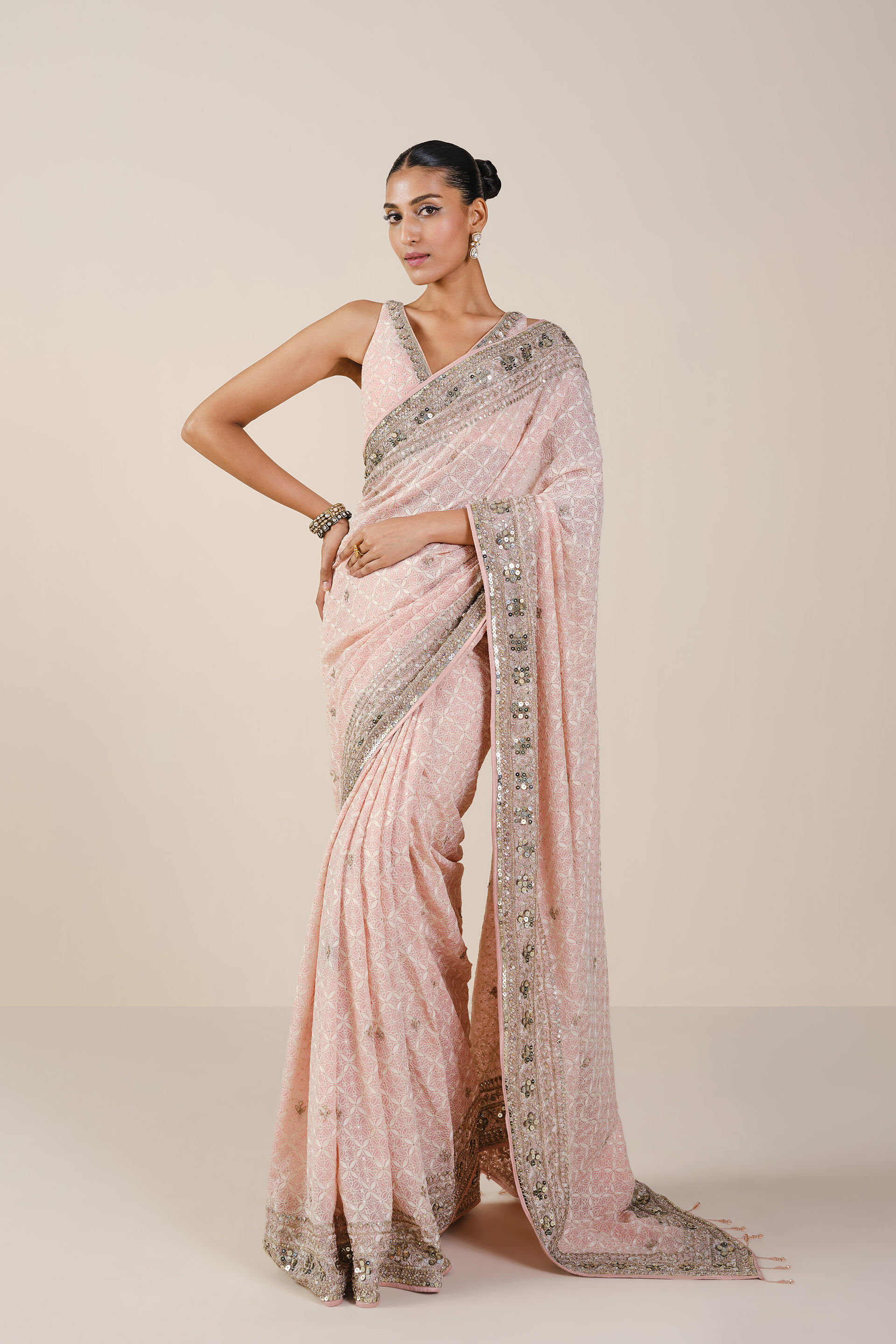 Aaloka Embroidered Georgette Saree - Blush