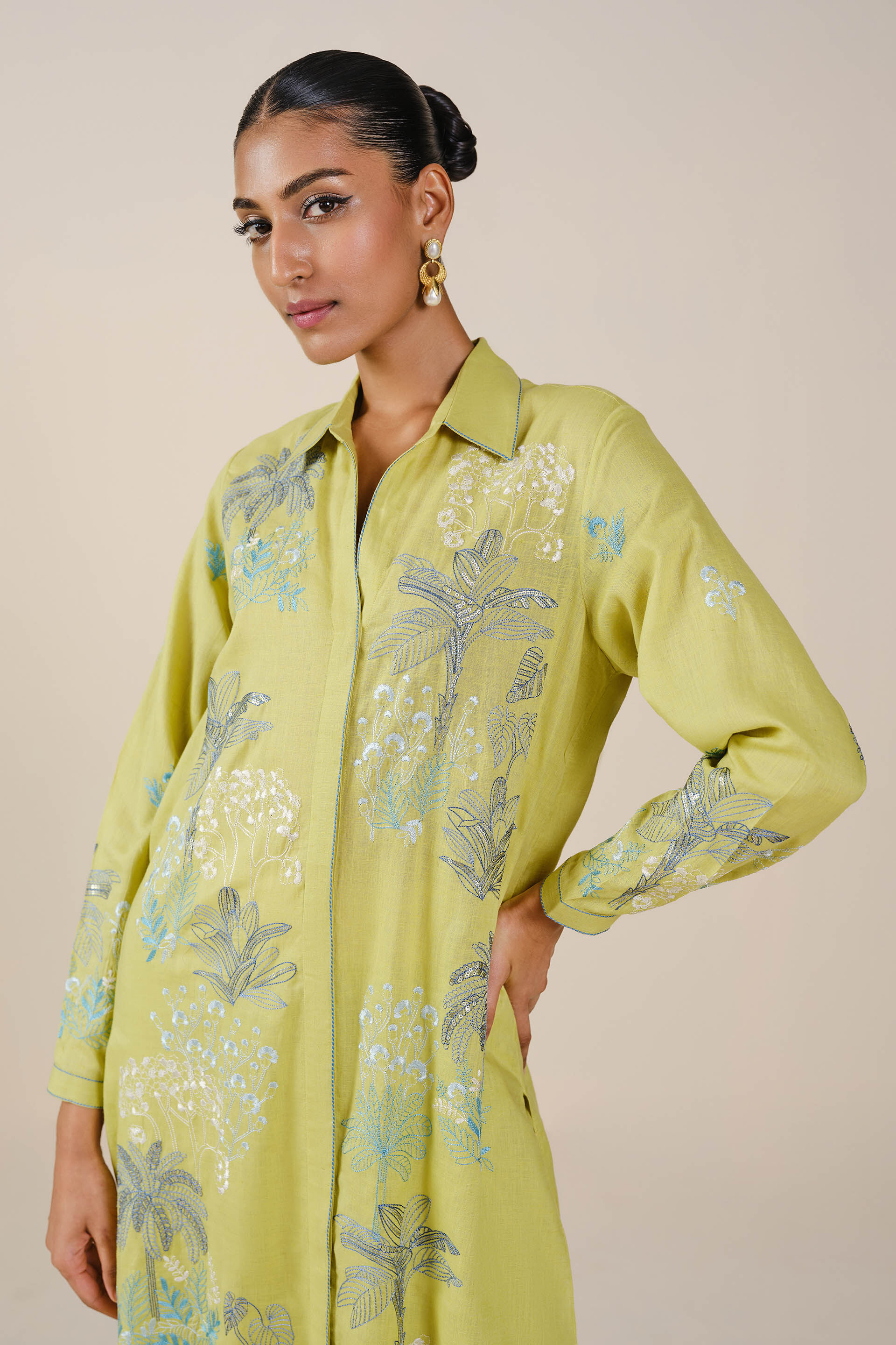 Pelagia Embroidered Linen Kurta Set - Lime, Lime, image 4