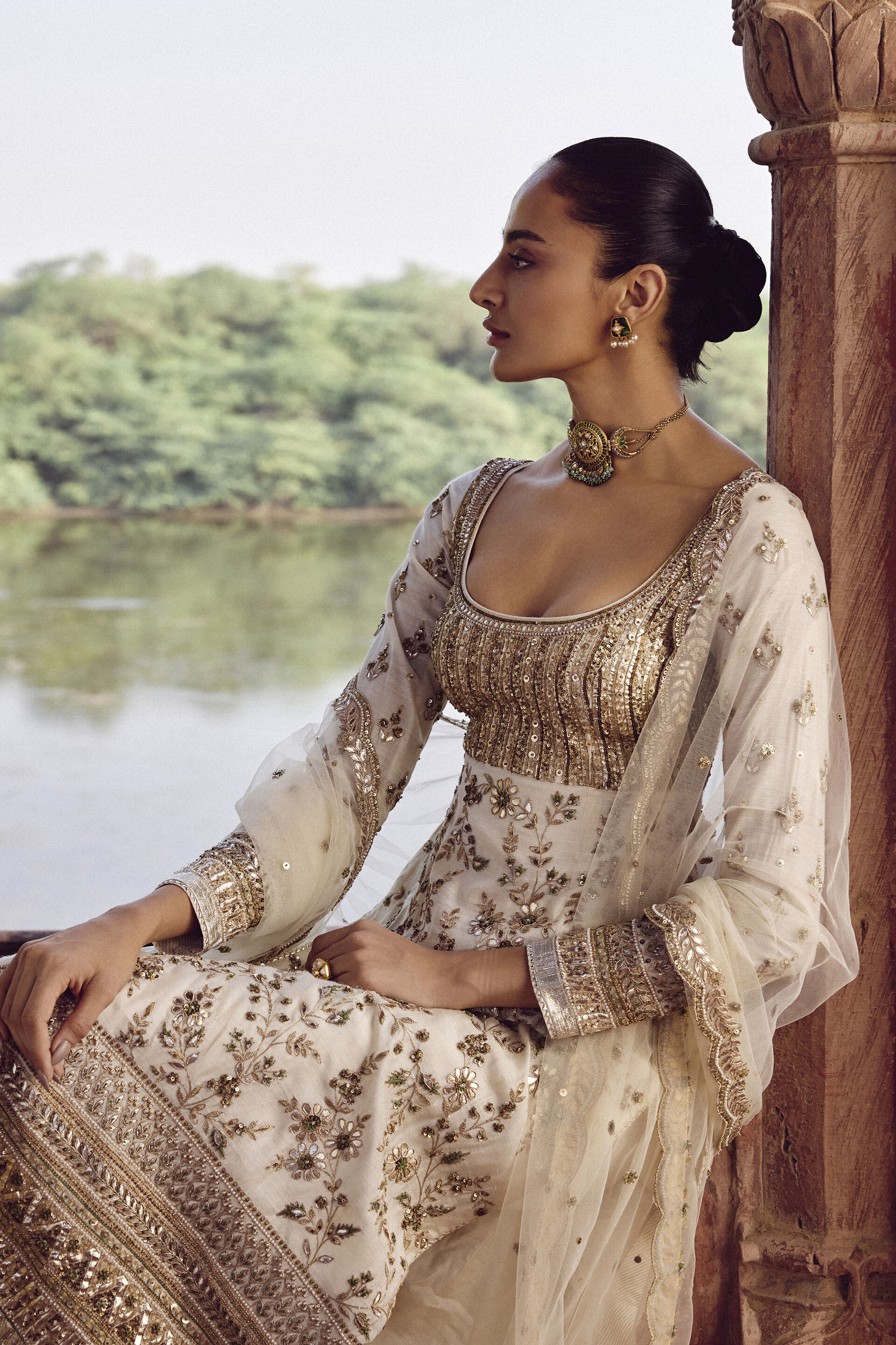 Danayita Gota Patti Silk Suit Set - Ivory, Ivory, image 5