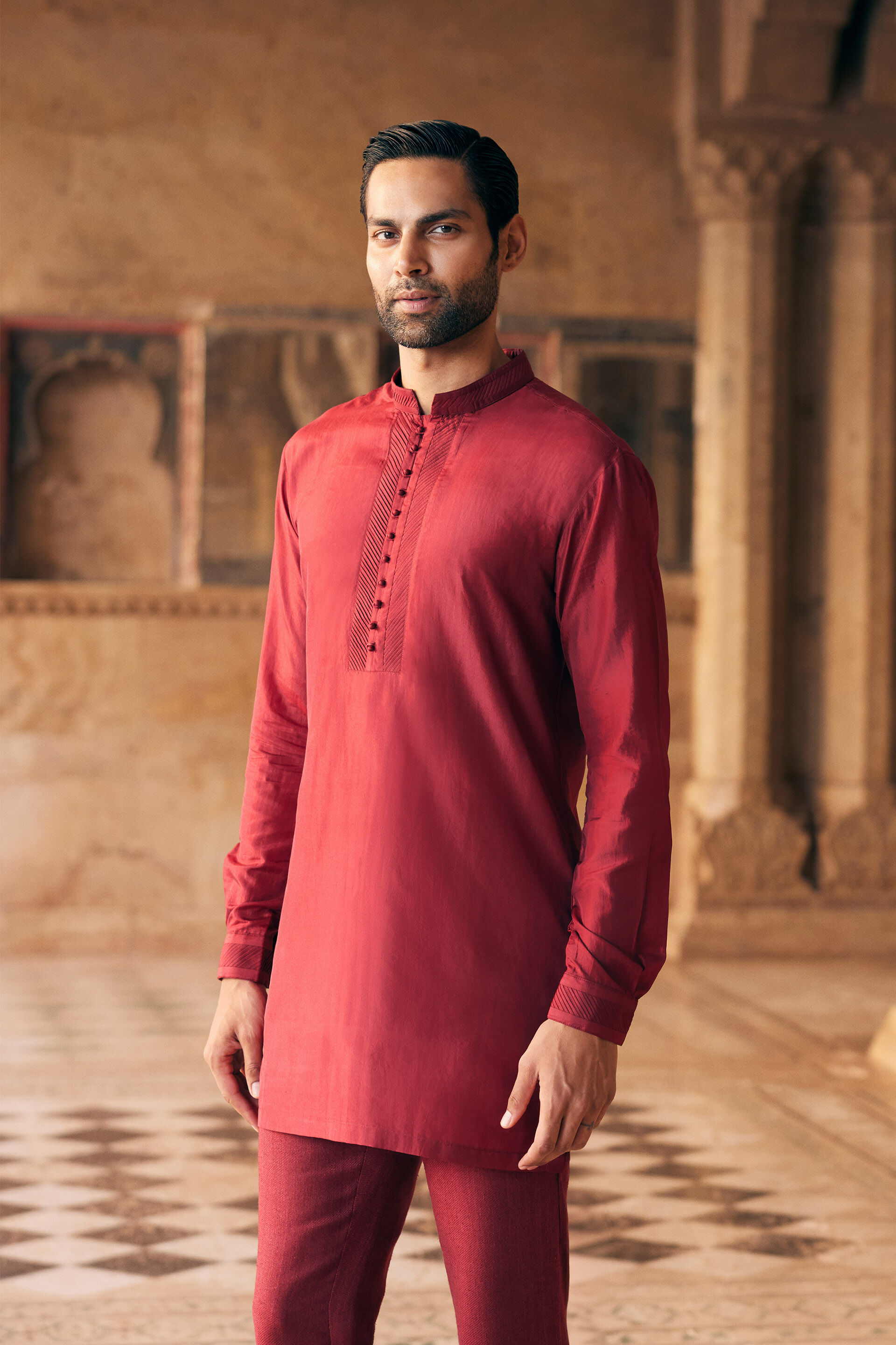 Tuhin Silk Kurta - Maroon, Maroon, image 3