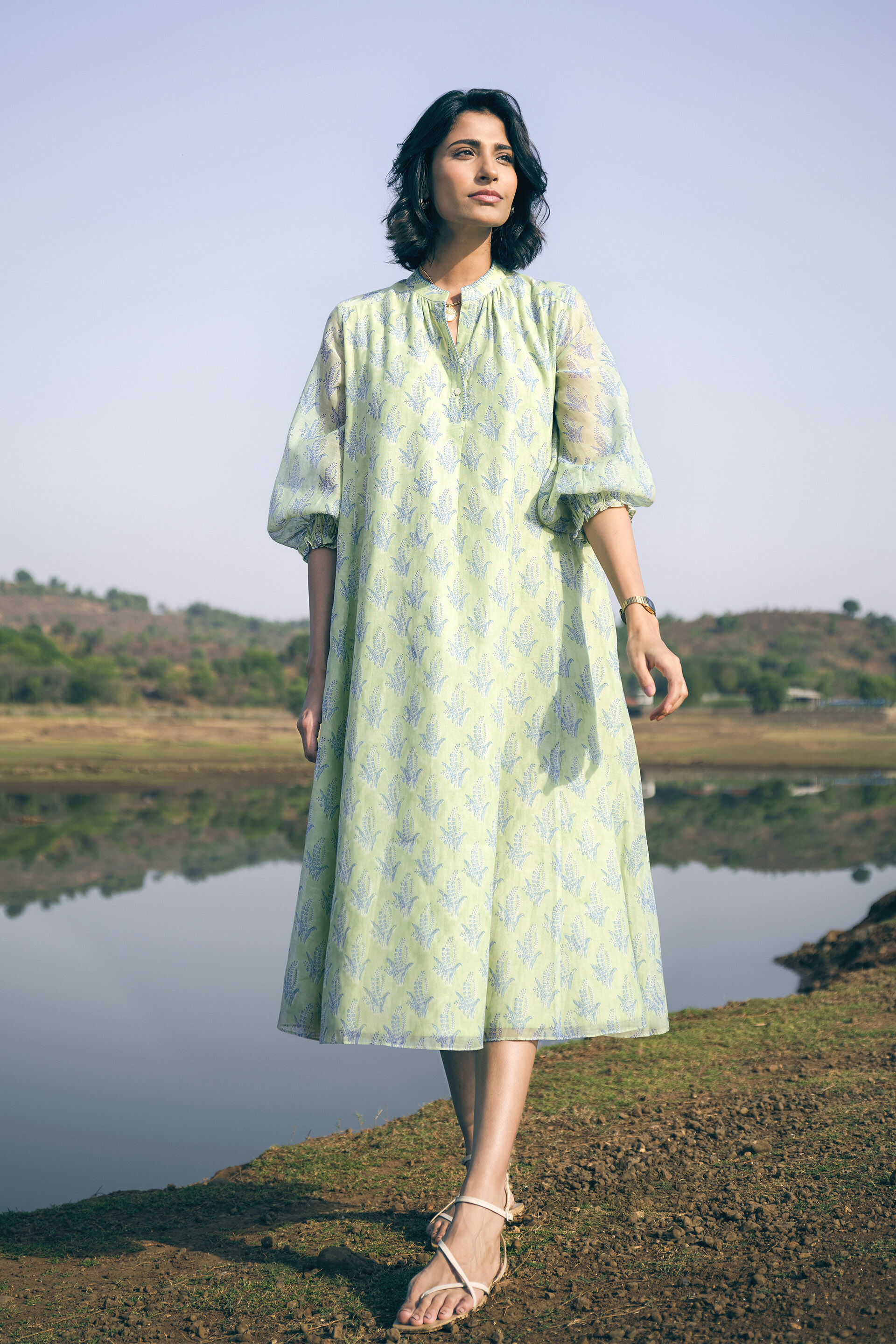 Treeline Hand-block Printed Mul Dress - Sage