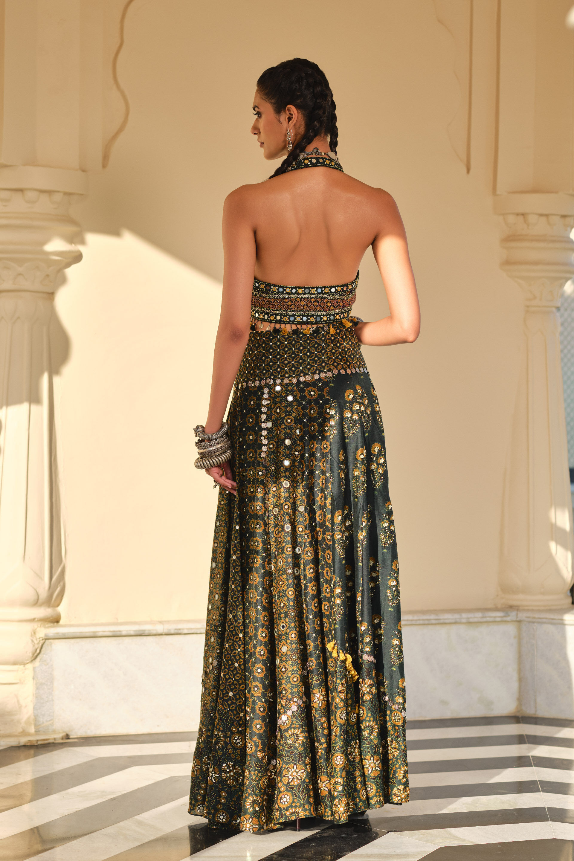 Storyteller Green Mirror Embroidered Ajrakh Slit Skirt Set
