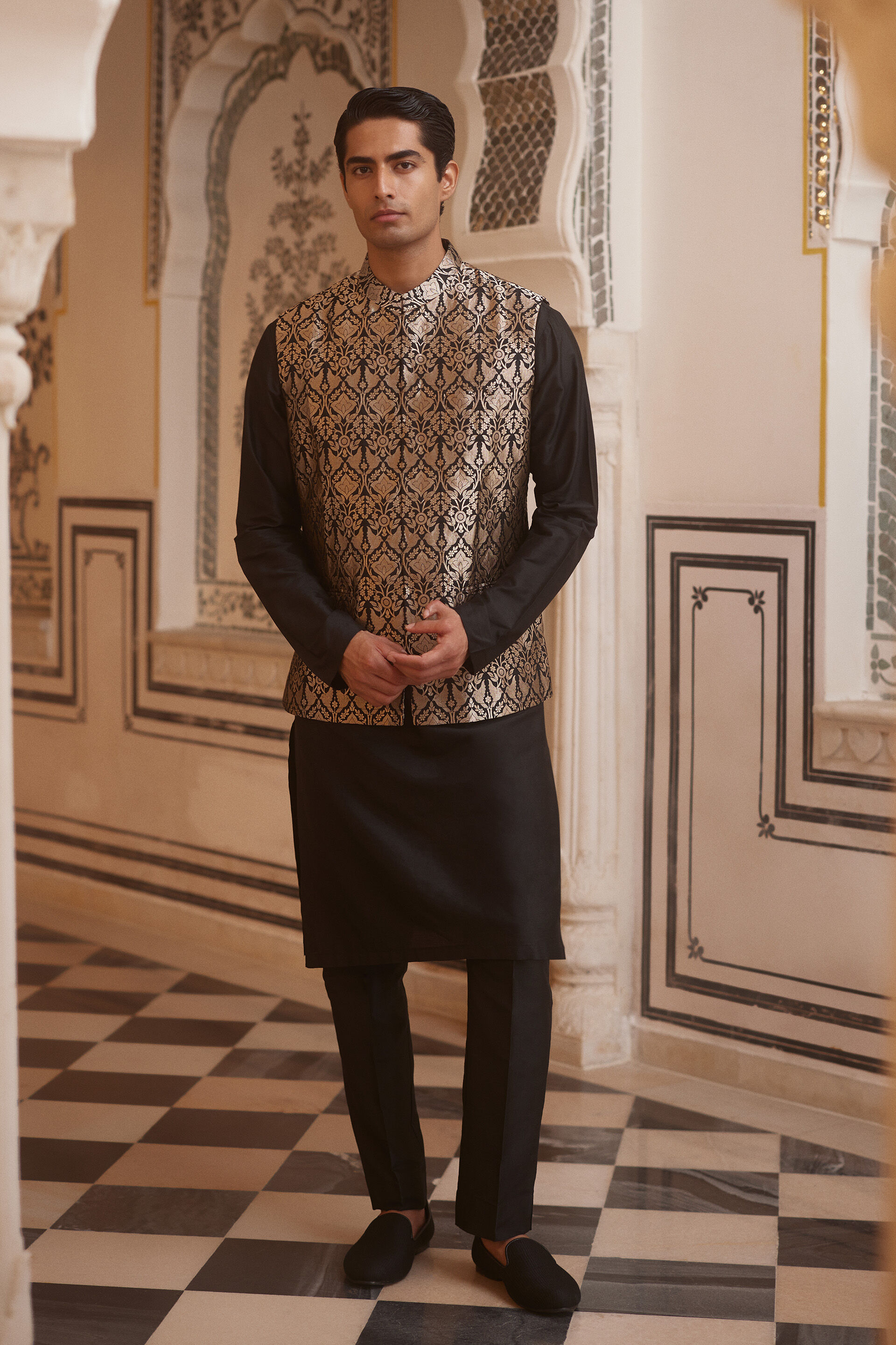 Swarank Handwoven Benarasi Silk Nehru Jacket - Black