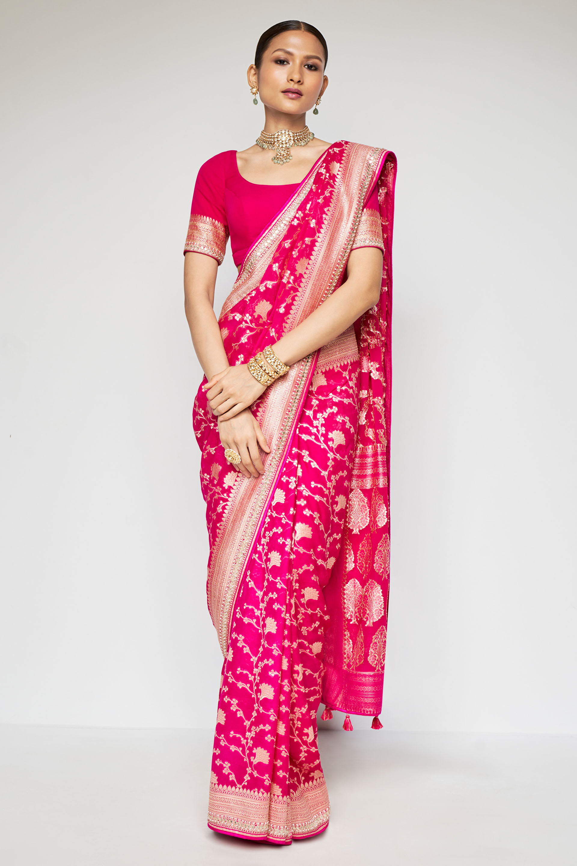 Lavanya Benarasi Silk Embroidered Saree Hot Pink