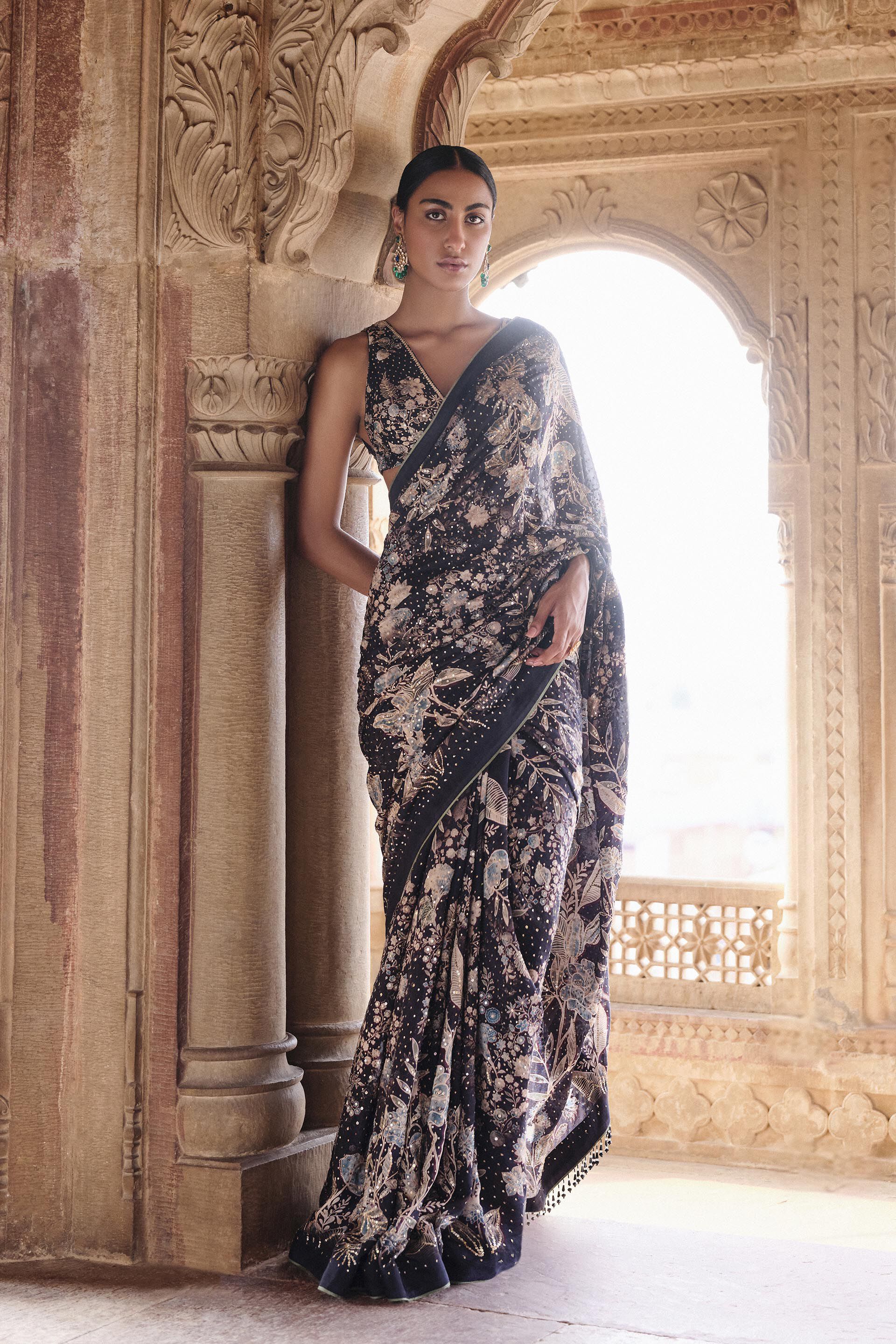 Izar Printed Sequin Saree Black