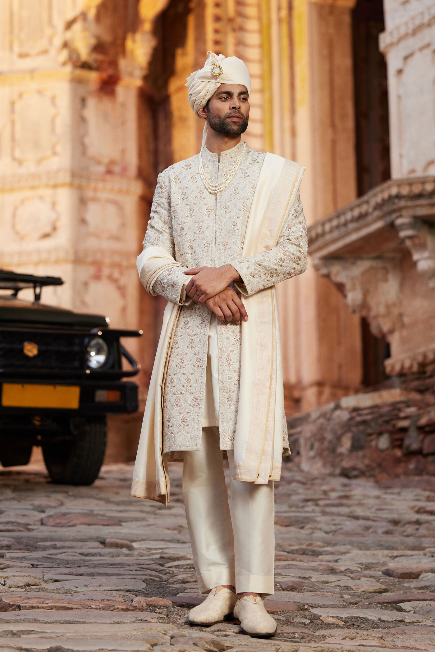 Buy Designer Ambav Gota Patti Silk Sherwani Ivory Online from