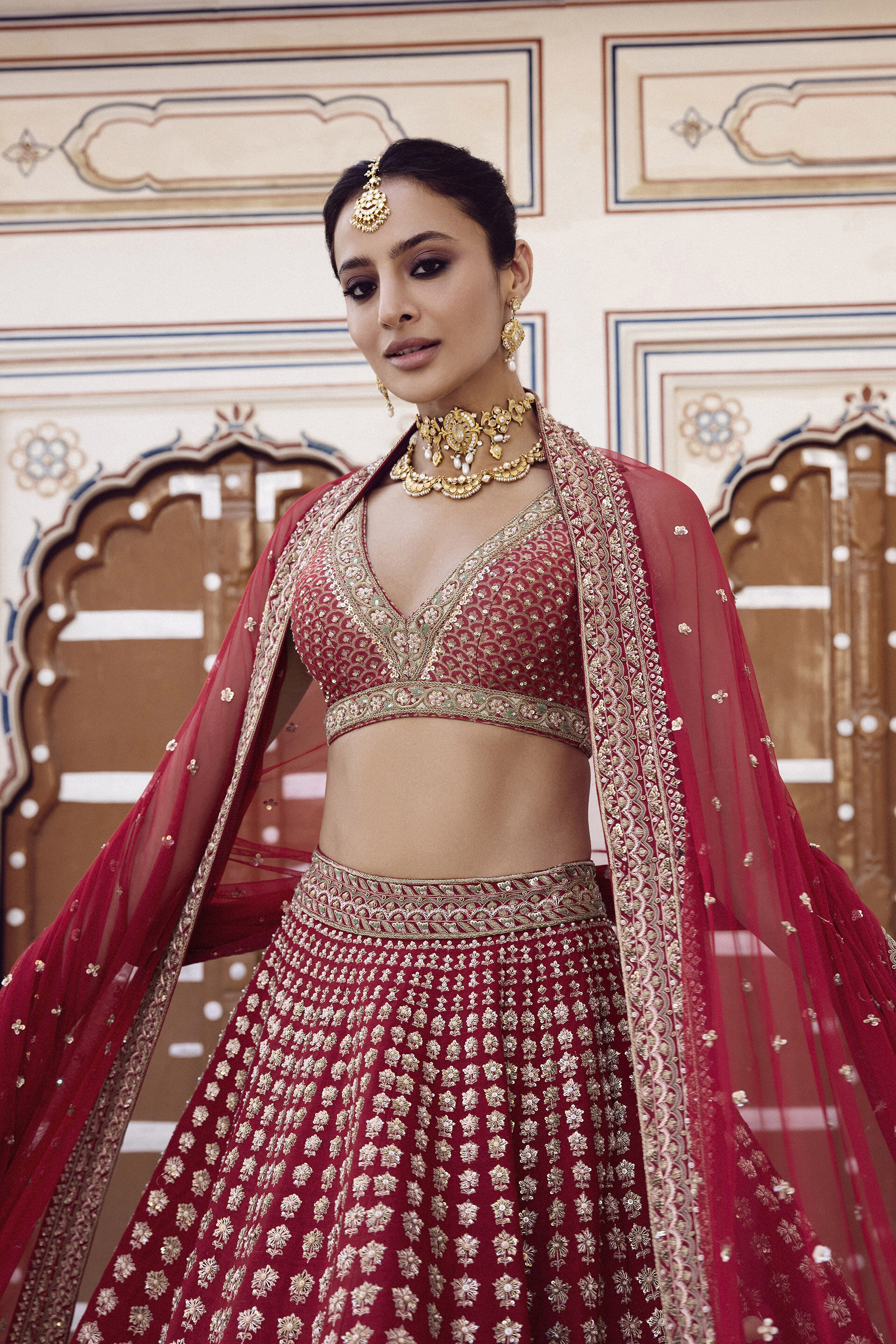 Zamira Embroidered Silk Lehenga Set - Red, Red, image 7