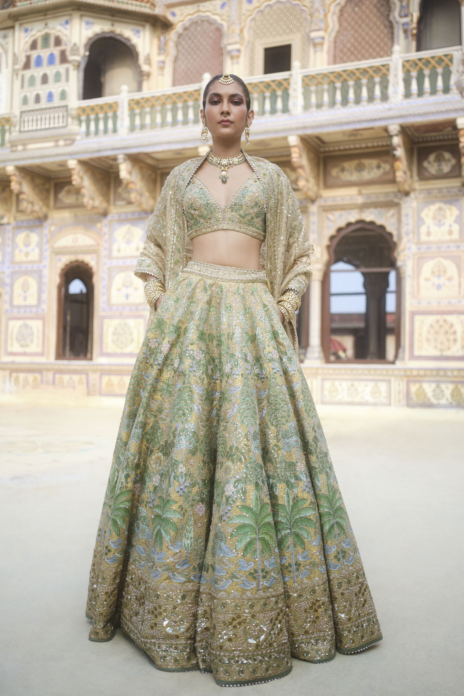 Buy Designer Avasa Hand painted Pichhwai Silk Lehenga Set Gold Online from Anita Dongre
