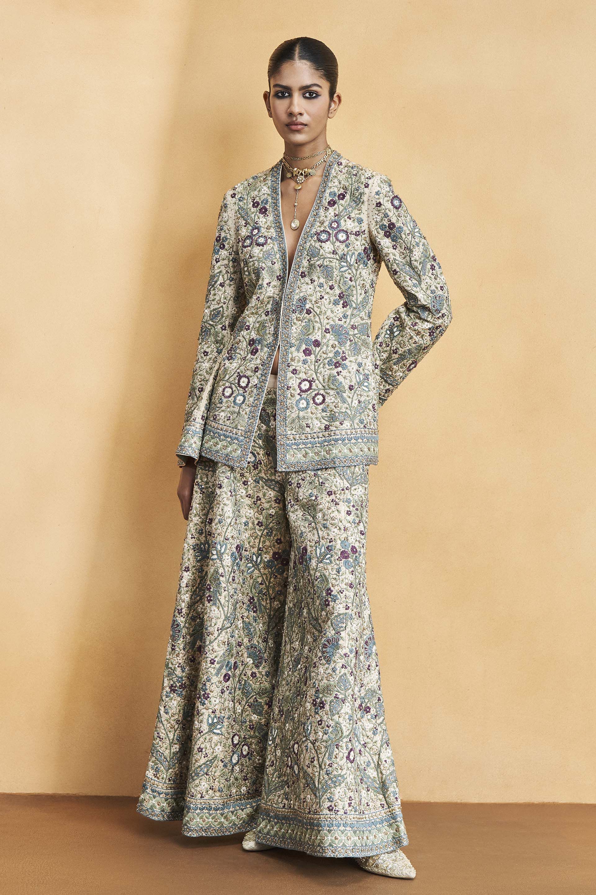 Flora and Fauna Zari Pant Set - Gold