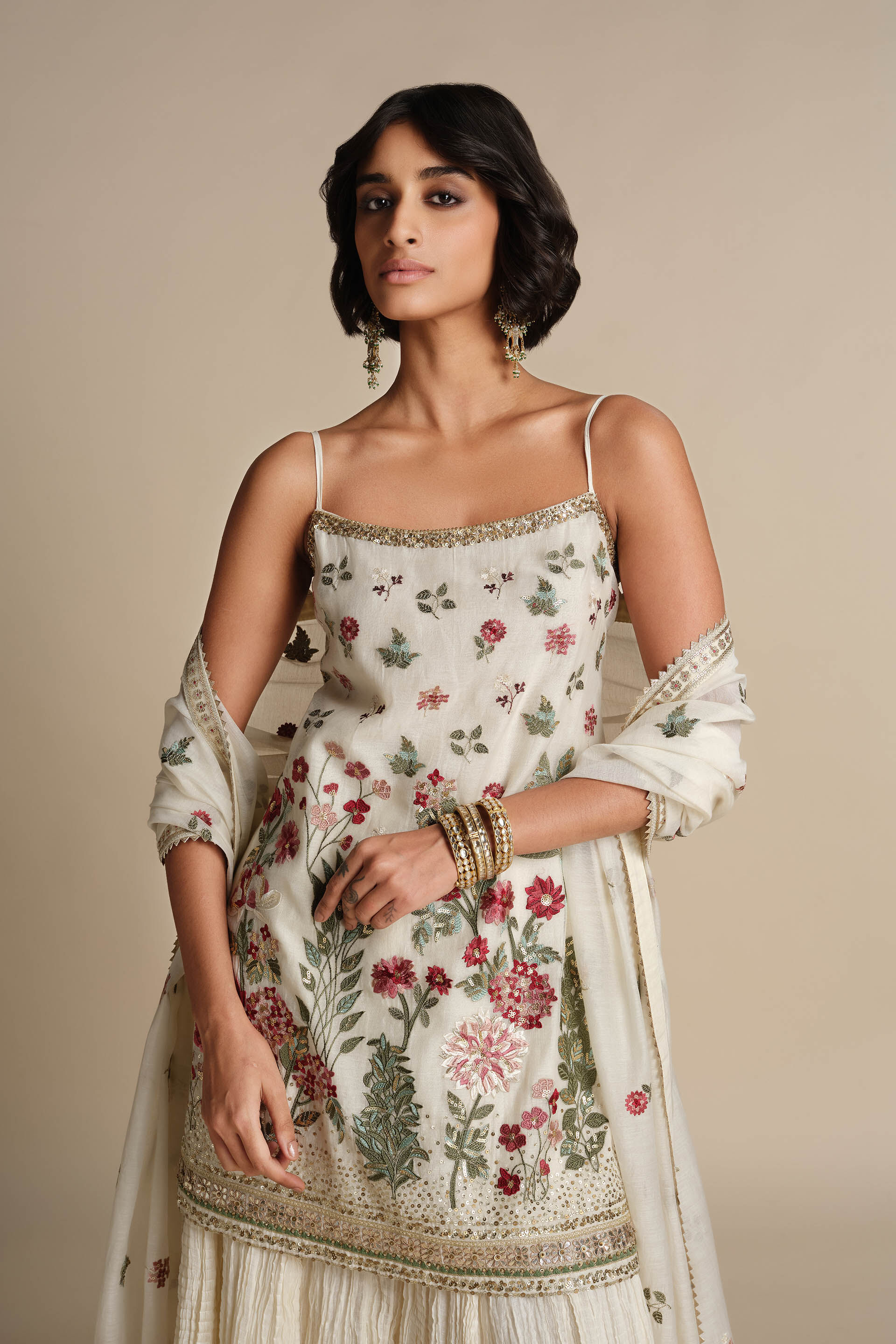 Alazne Embroidered Mul Sharara Set - Ivory, Natural, image 4