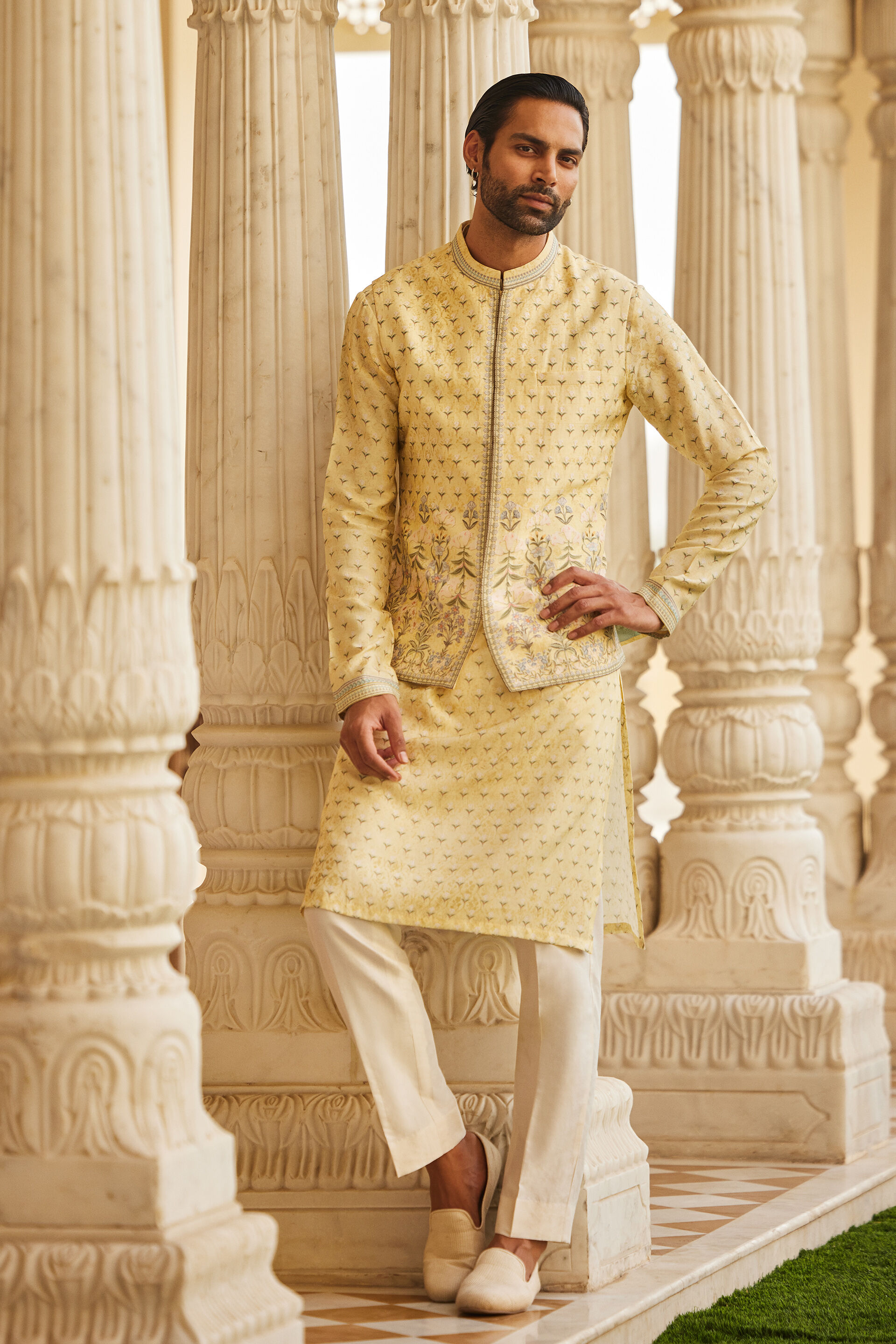 Bourag Silk Nehru Jacket - Yellow, Yellow, image 1