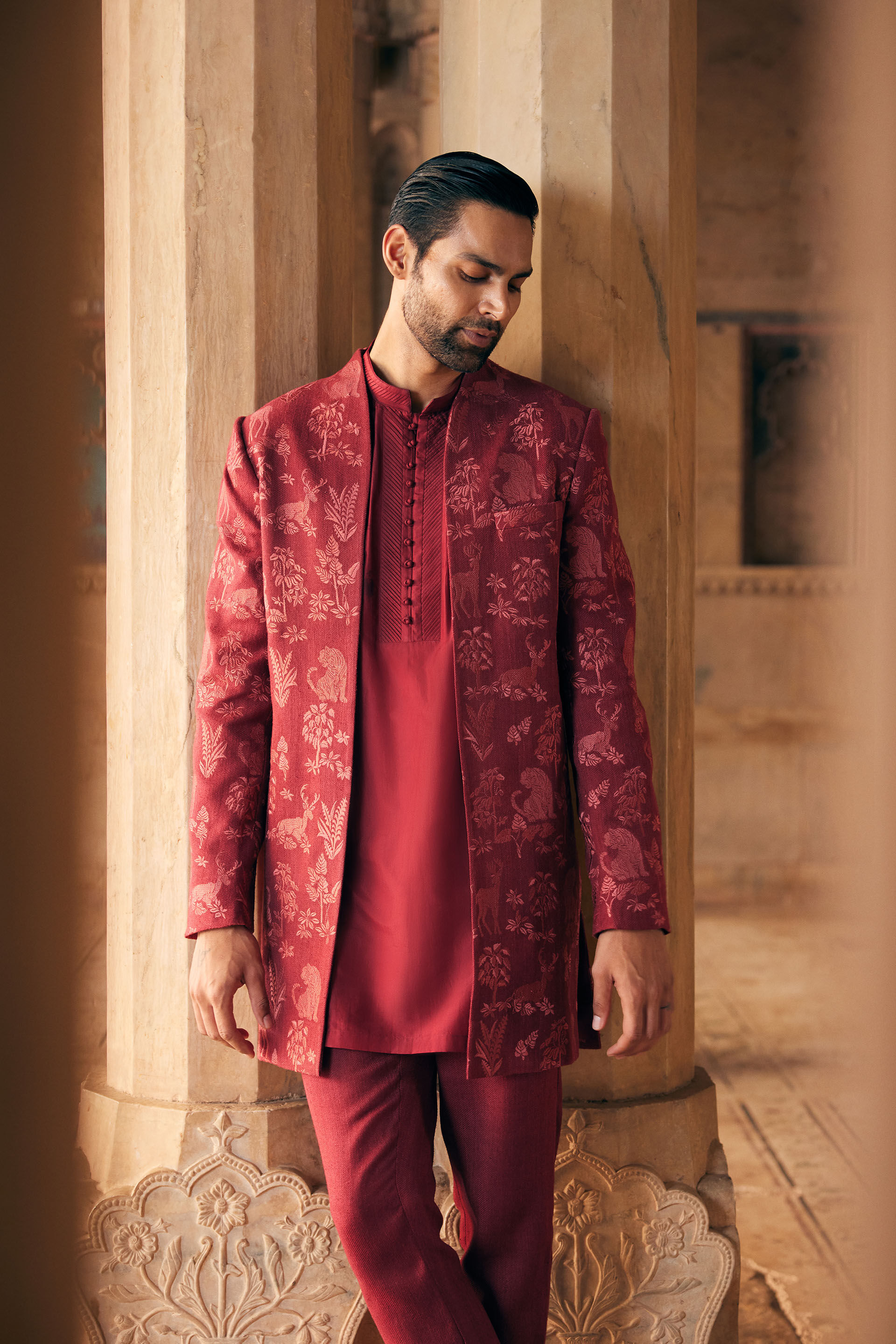Silas Embroidered Silk Sherwani - Maroon, Maroon, image 6