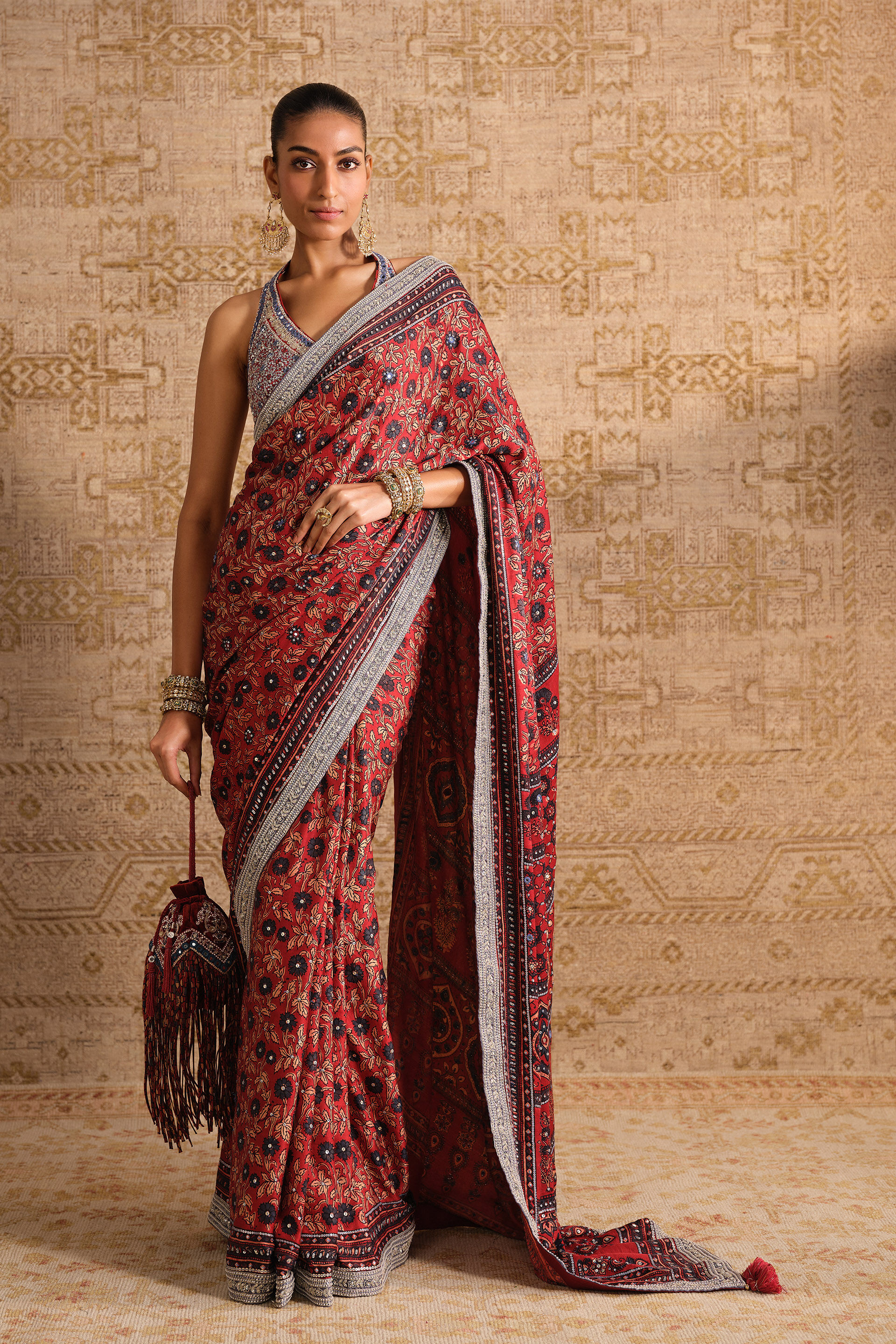 Grisha Ajrakh Hand-block Printed Silk Saree - Red, Red, image 3