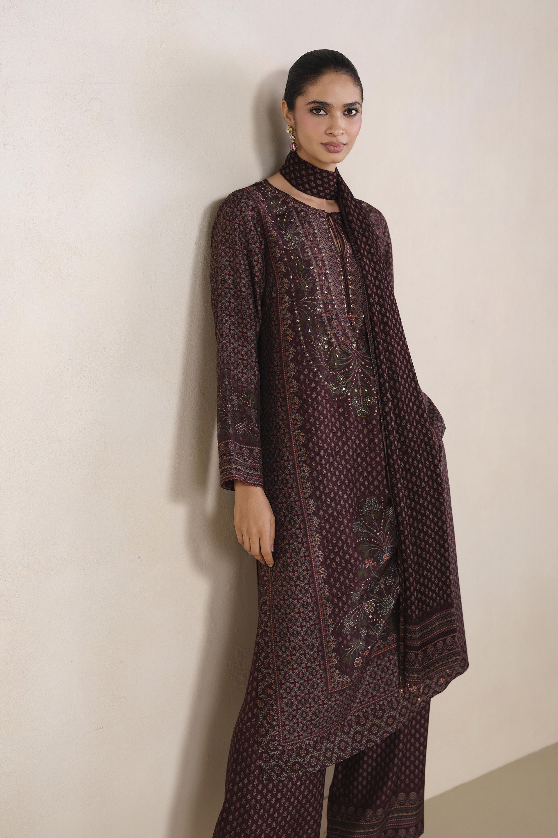 Trisha Printed Suit Set in Wine, Wine, image 3
