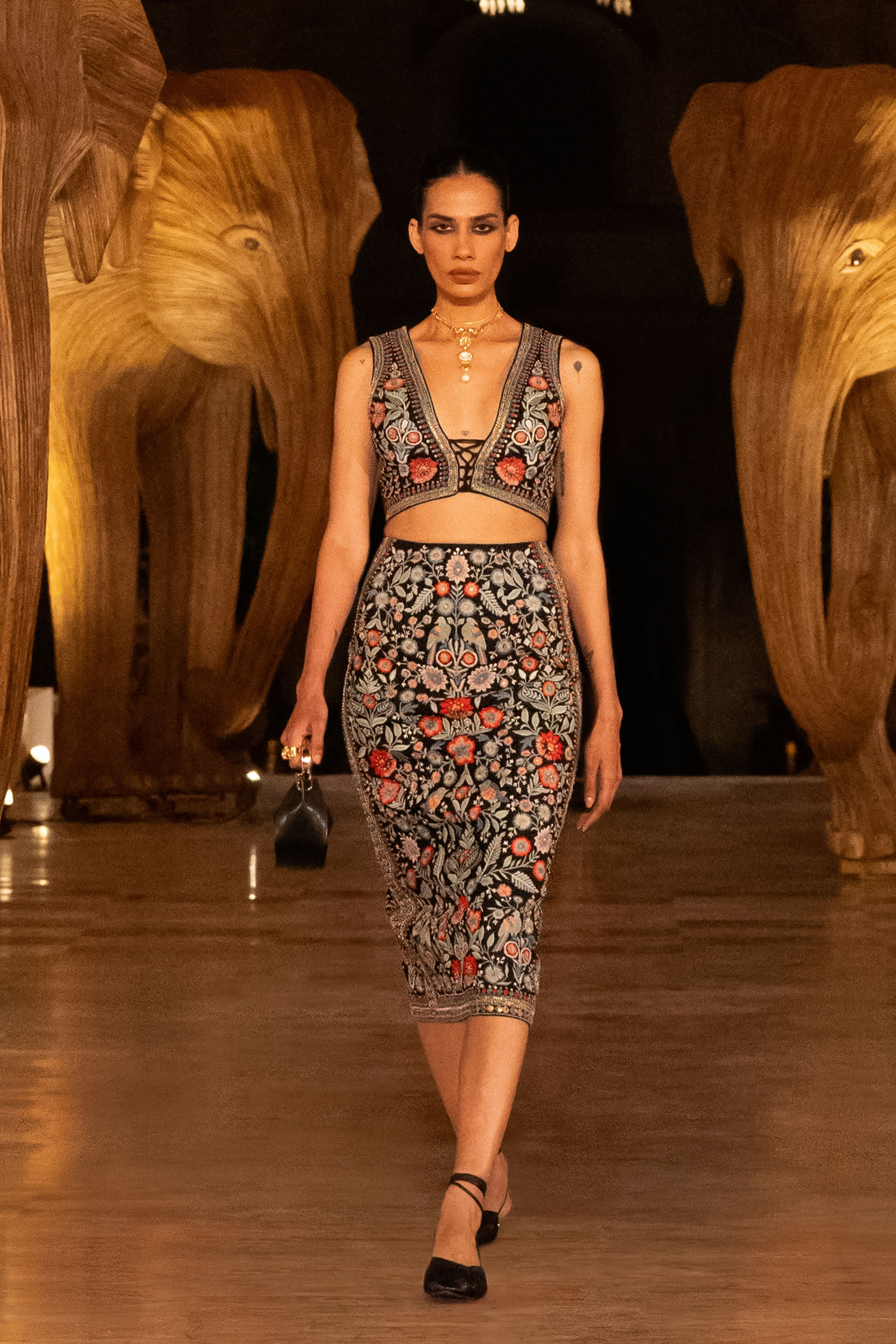 Floral Ballad Embroidered Silk Skirt Set - Black, Black, image 5