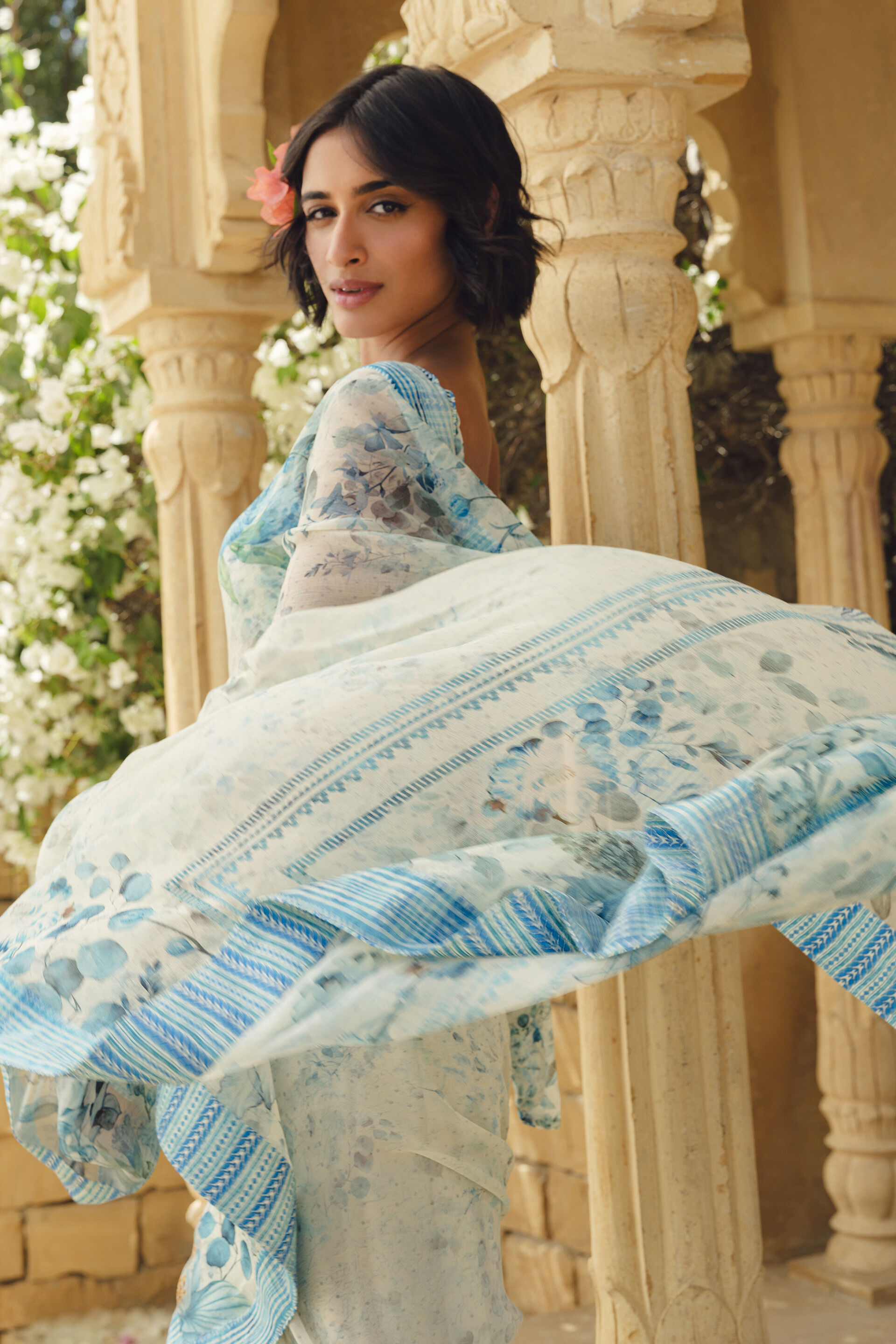 Idalia Printed Chiffon Saree - Blue, Blue, image 2