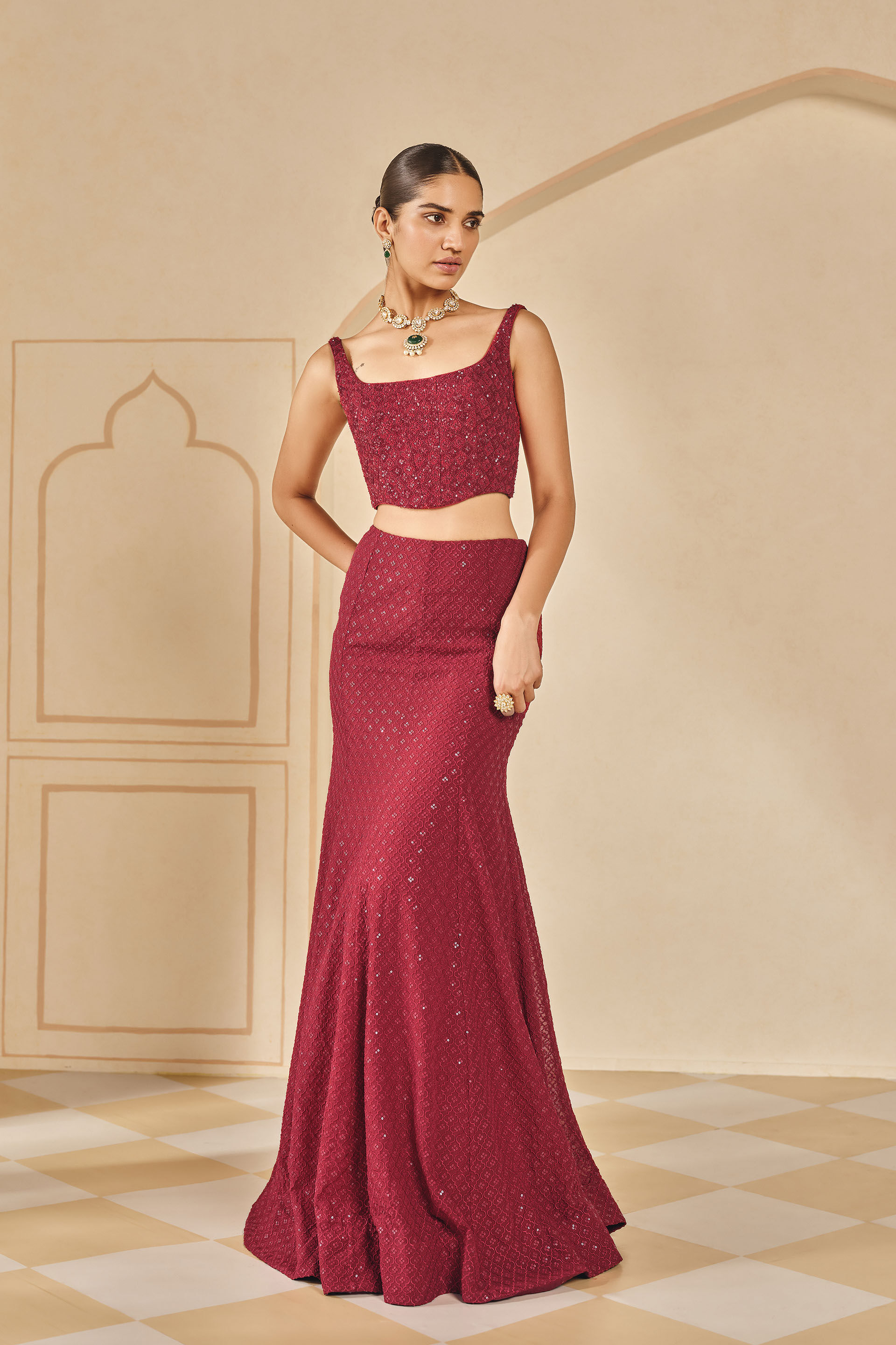 Buy Designer Adara Sequin Silk Skirt Set Red Online from Anita