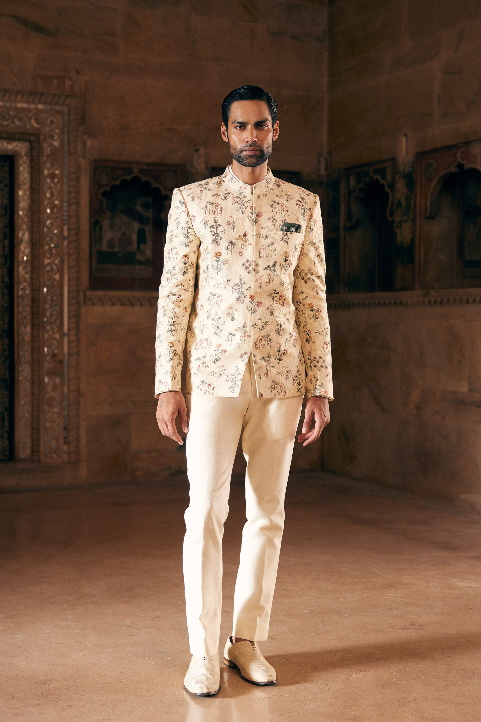 Suhan Printed Silk Bandhgala - Cream