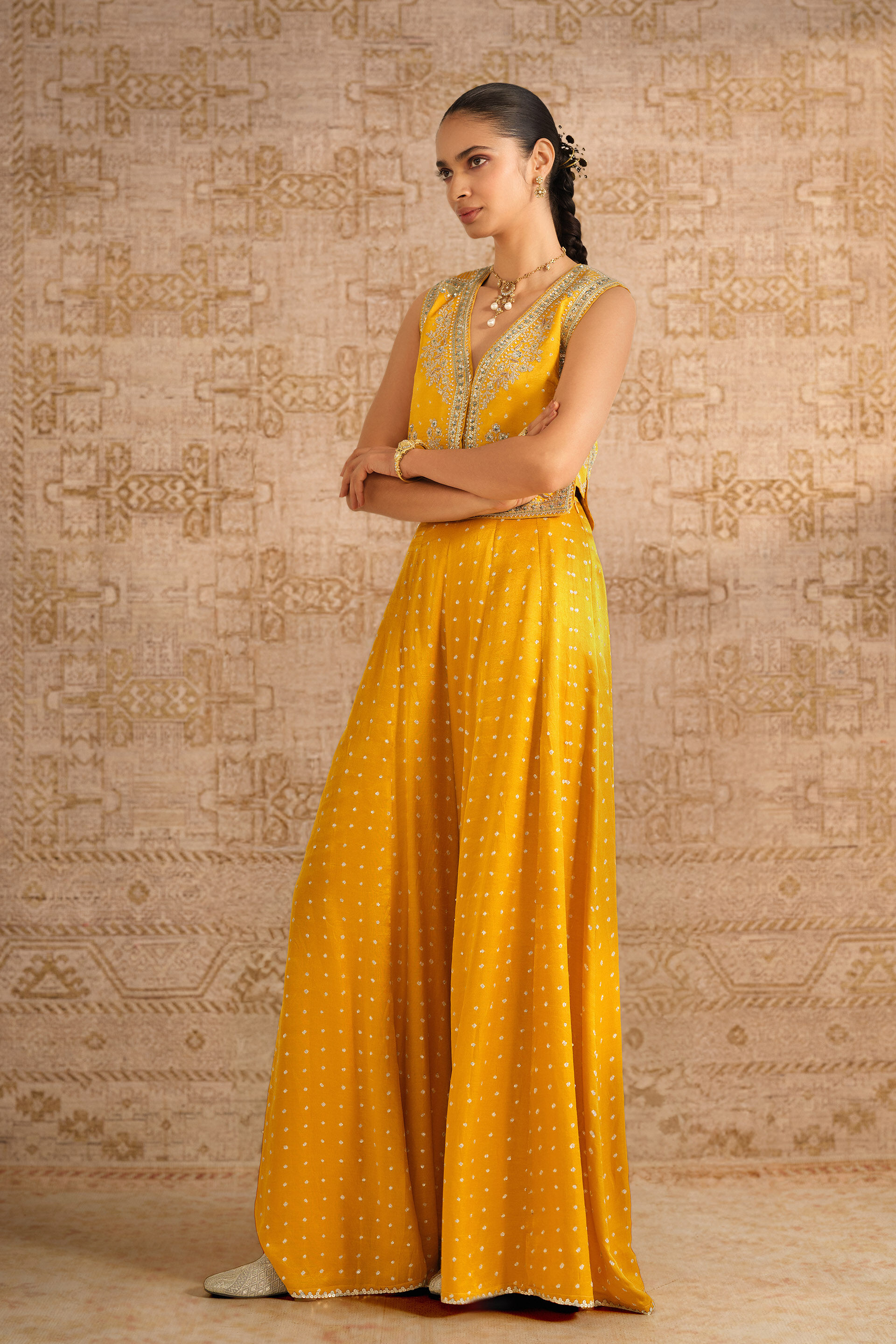 Athasri Handcrafted Bandhani Silk Sharara Set - Yellow, Yellow, image 3