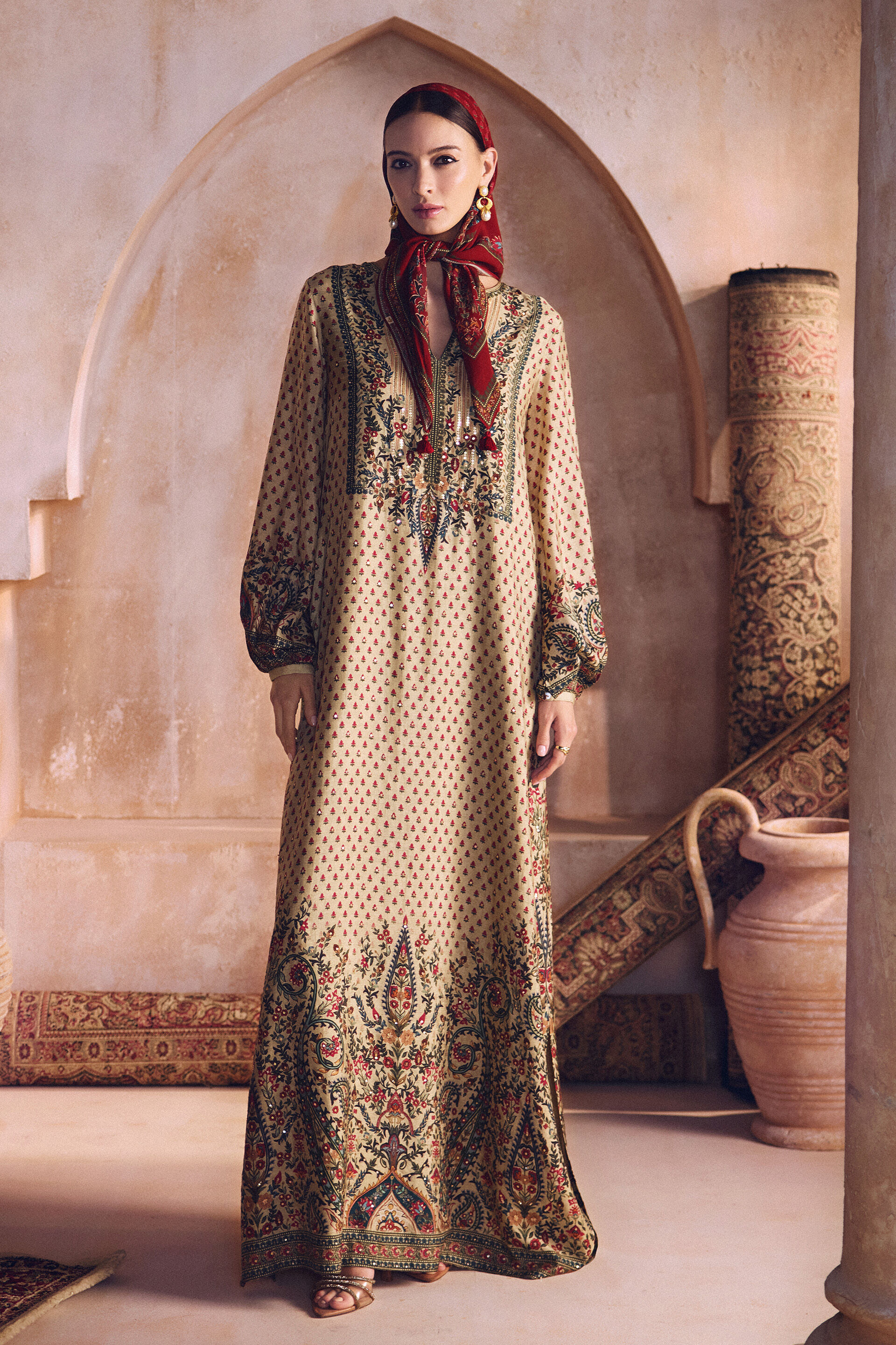 Mehnaz Silk Kaftan - Beige, Beige, image 1