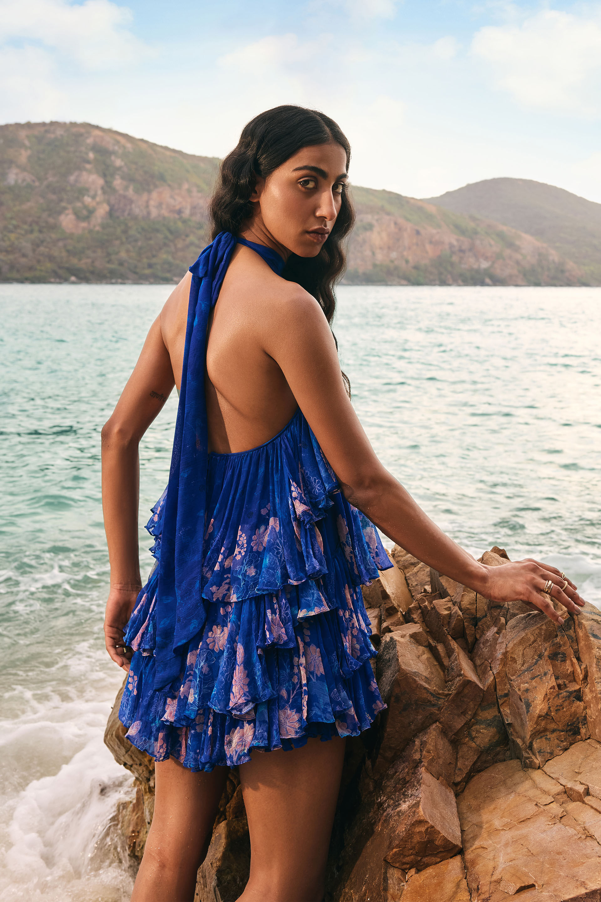 Onirique Chiffon Tiered Dress - Blue