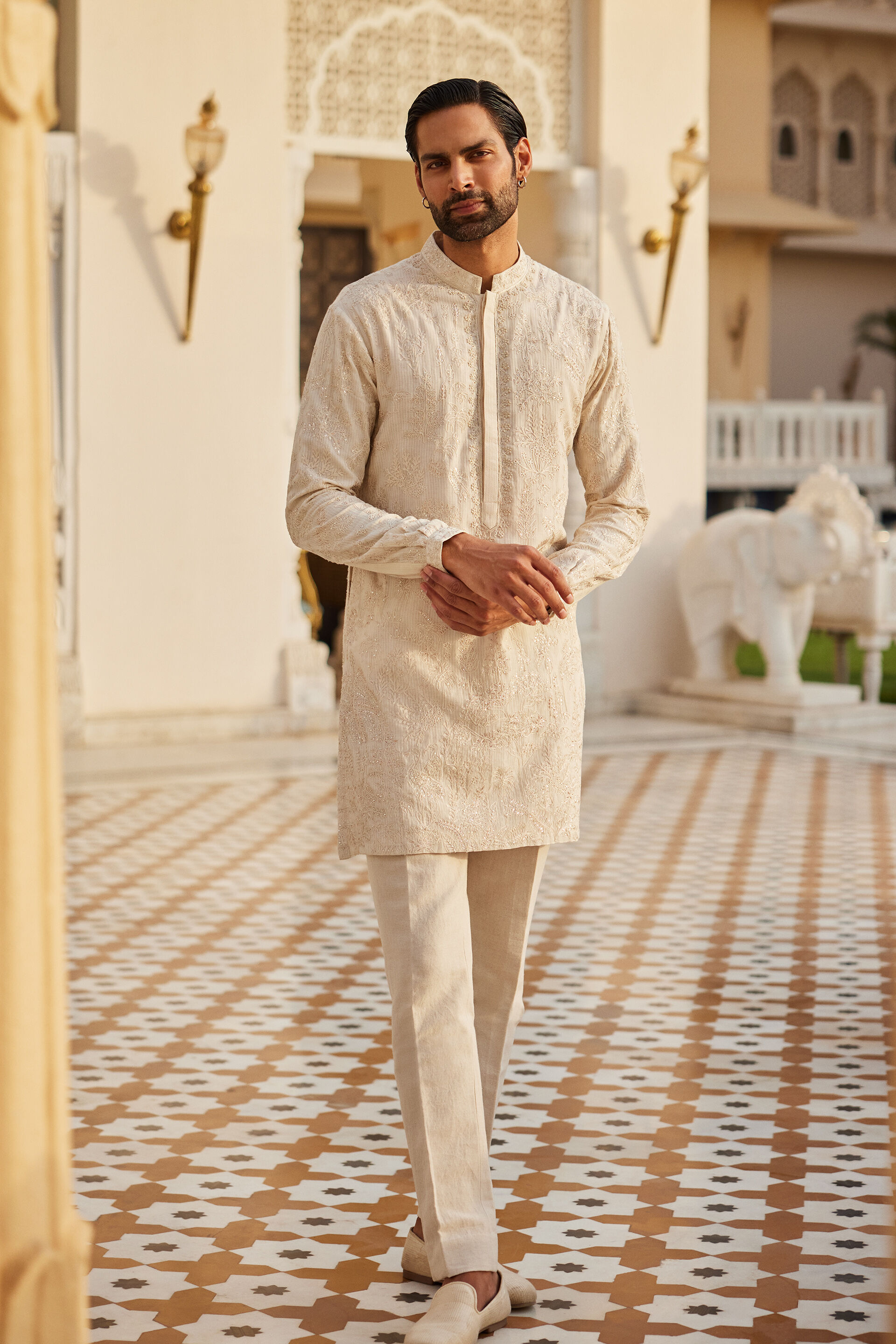 Adyant Embroidered Silk Kurta - Off White
