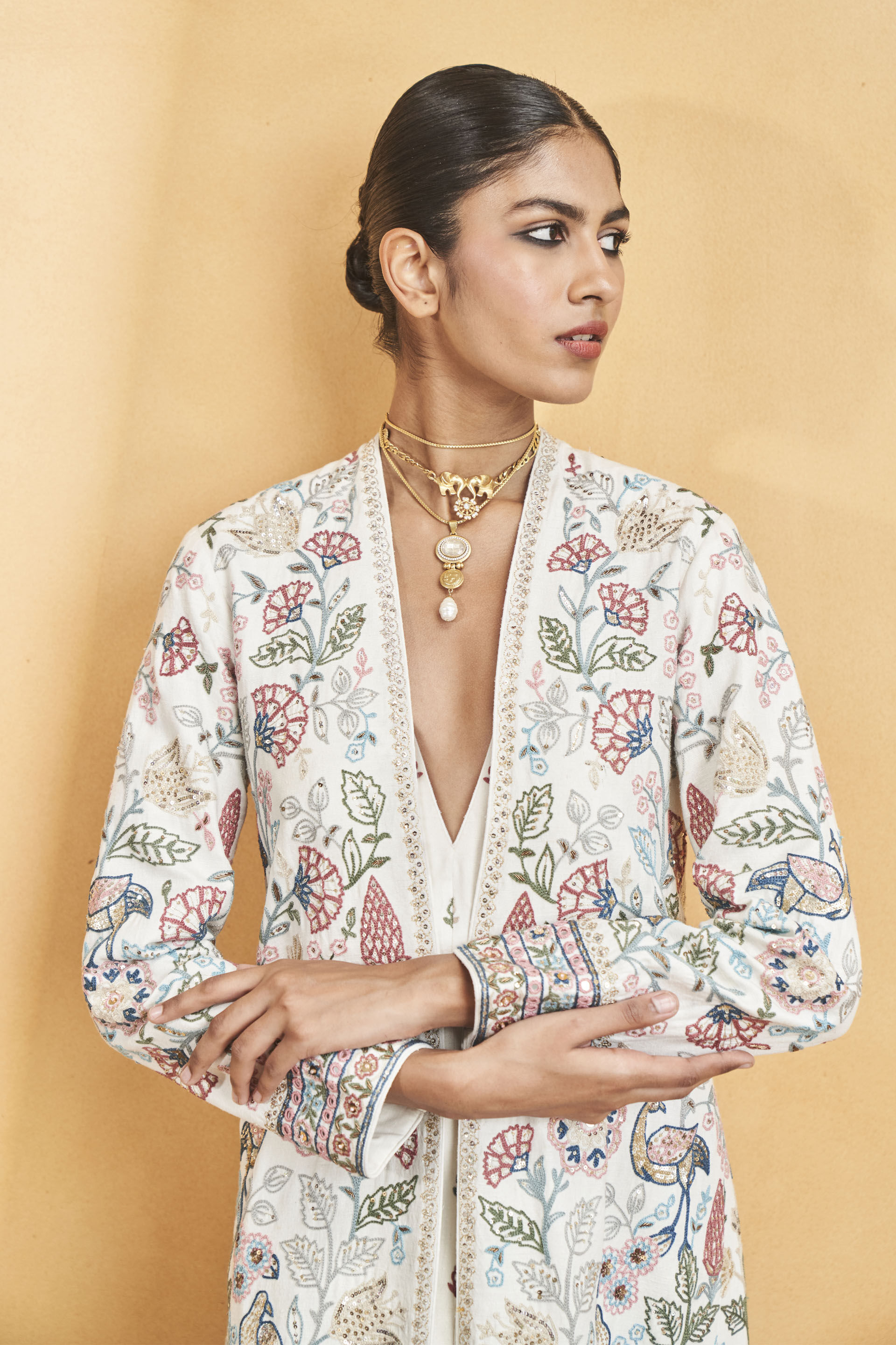 Paradise Of Flowers SEWA Hand-embroidered Silk Overlayer Set - Cream, Cream, image 7