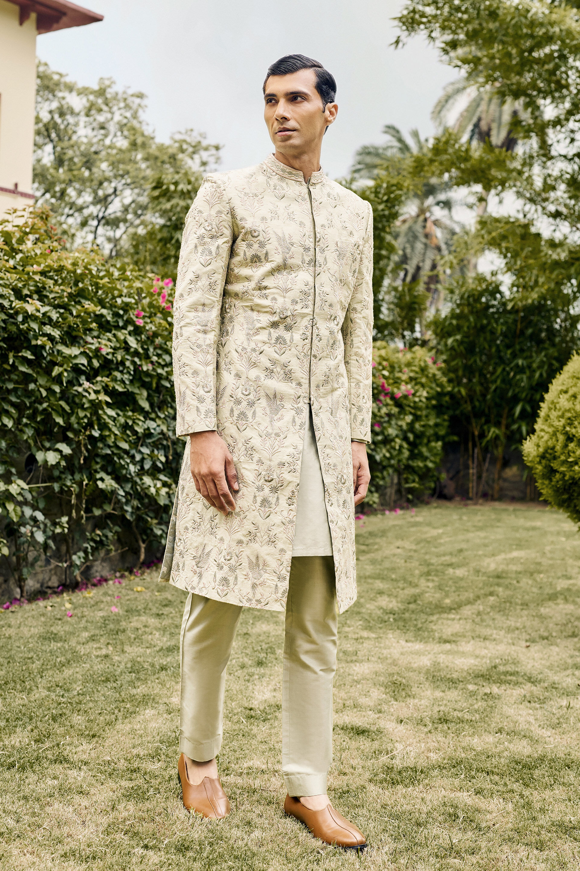 Kshiraj Embroidered Silk Sherwani - Sage, Sage, image 1